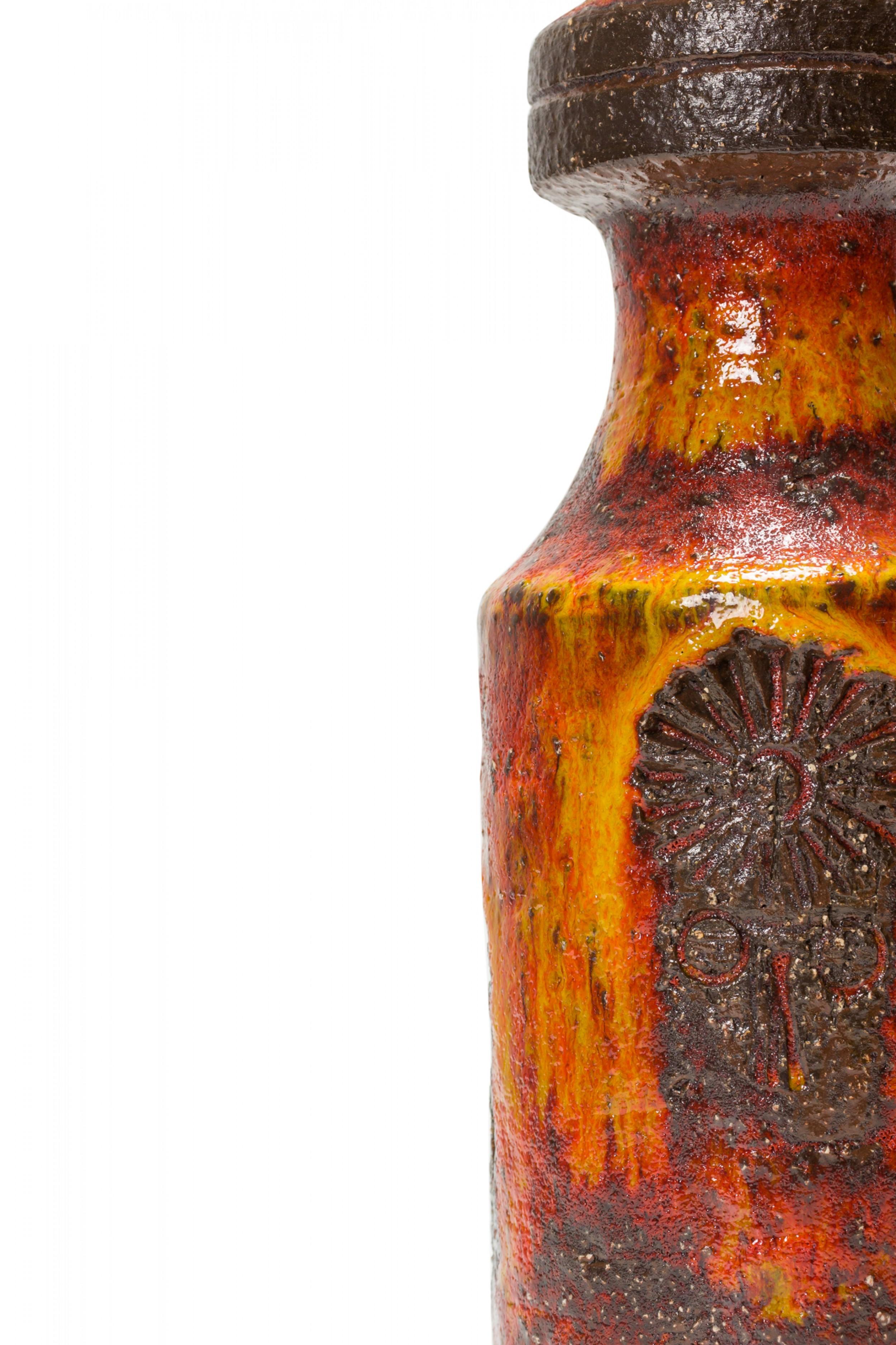 20th Century German Mid-Century Textured Orange, Yellow, and Brown Fat Lava Ceramic Vase For Sale