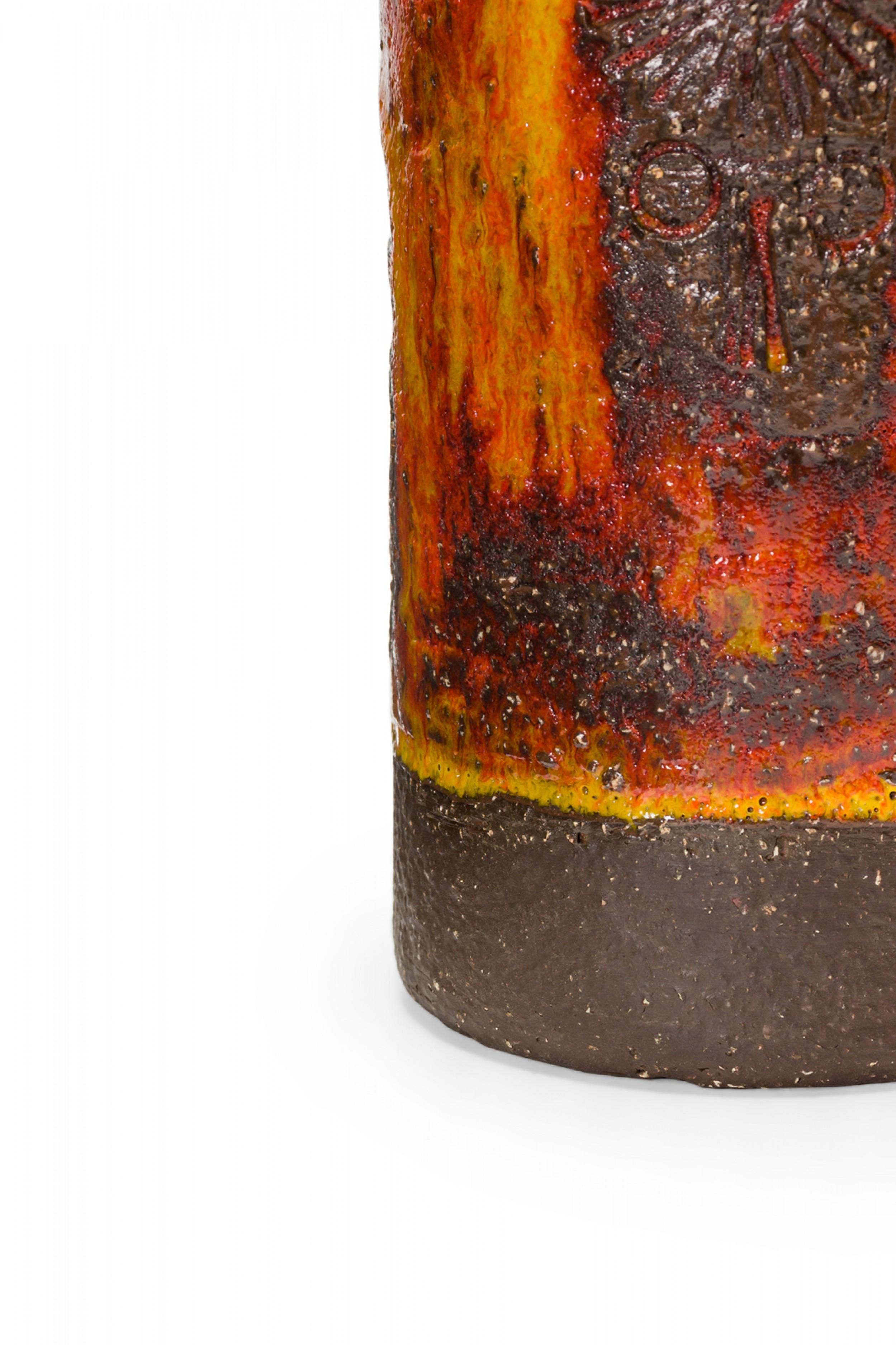 German Mid-Century Textured Orange, Yellow, and Brown Fat Lava Ceramic Vase For Sale 1