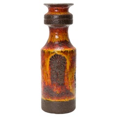 German Mid-Century Textured Orange, Yellow, and Brown Fat Lava Ceramic Vase