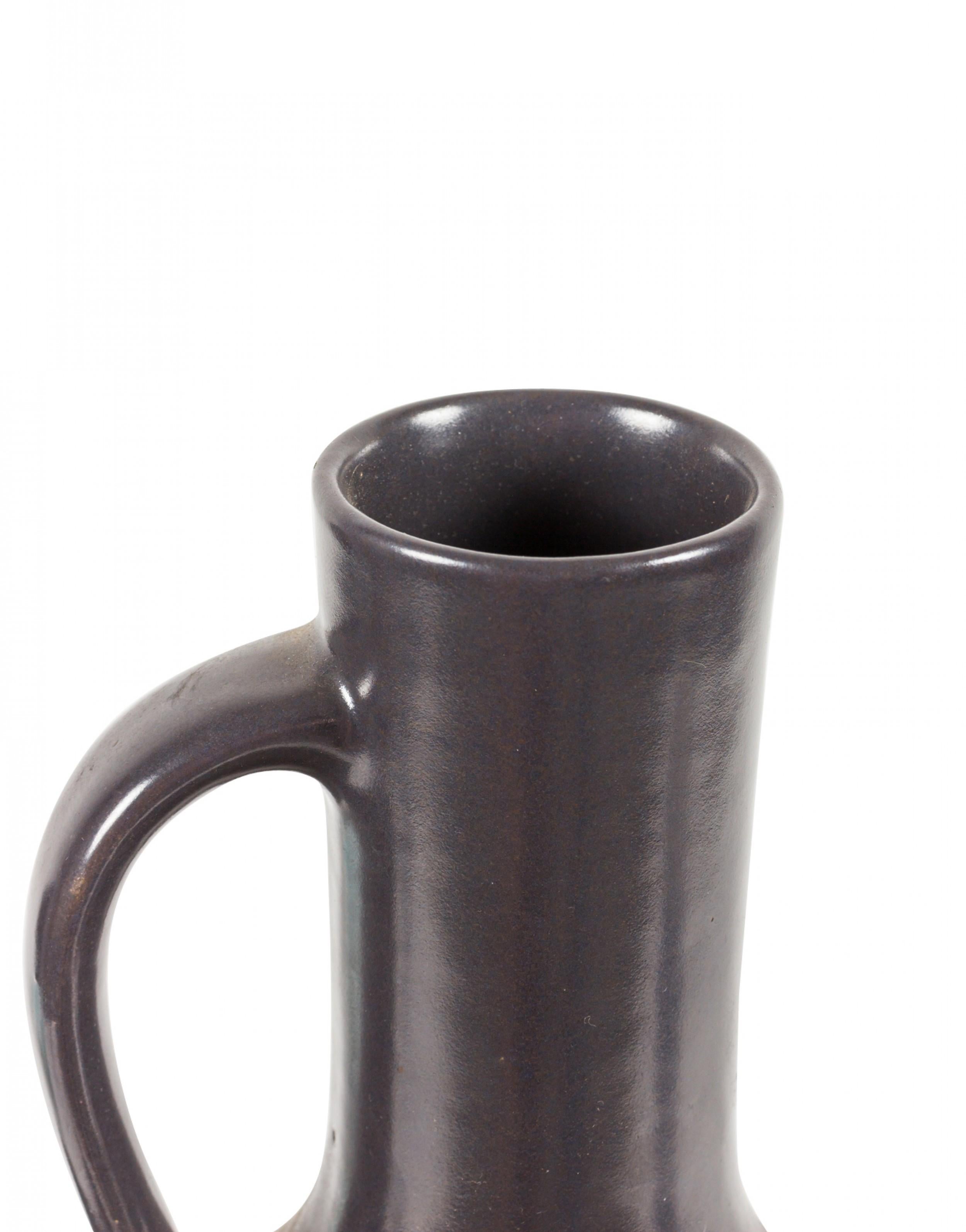 Mid-Century Modern German Mid-Century Vertical Vine Design Black Glazed Ceramic Handled Vase For Sale
