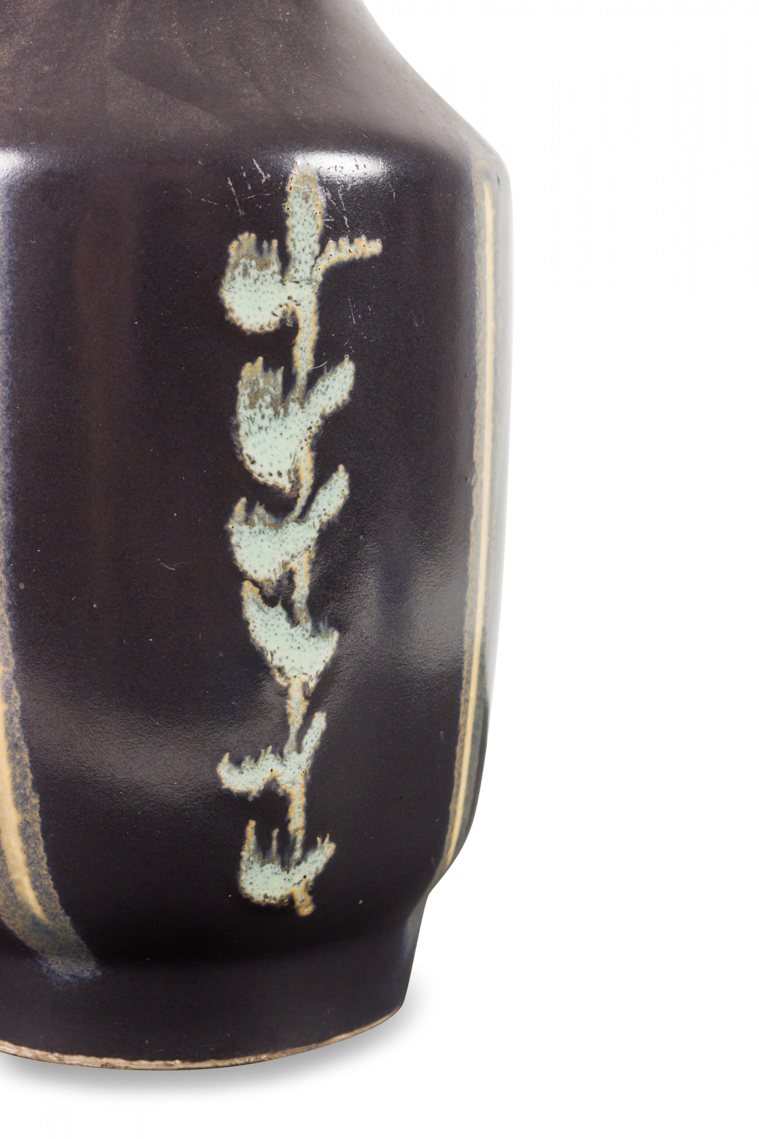 20th Century German Mid-Century Vertical Vine Design Black Glazed Ceramic Handled Vase For Sale