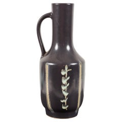 German Mid-Century Vertical Vine Design Black Glazed Ceramic Handled Vase