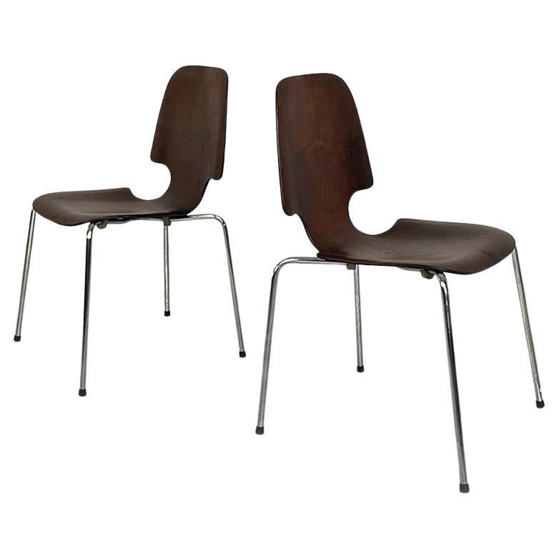 Deutsche Stühle aus Holz mit einer Schale und verchromten Stahlstäben aus der Mitte des Jahrhunderts, 1960er Jahre
