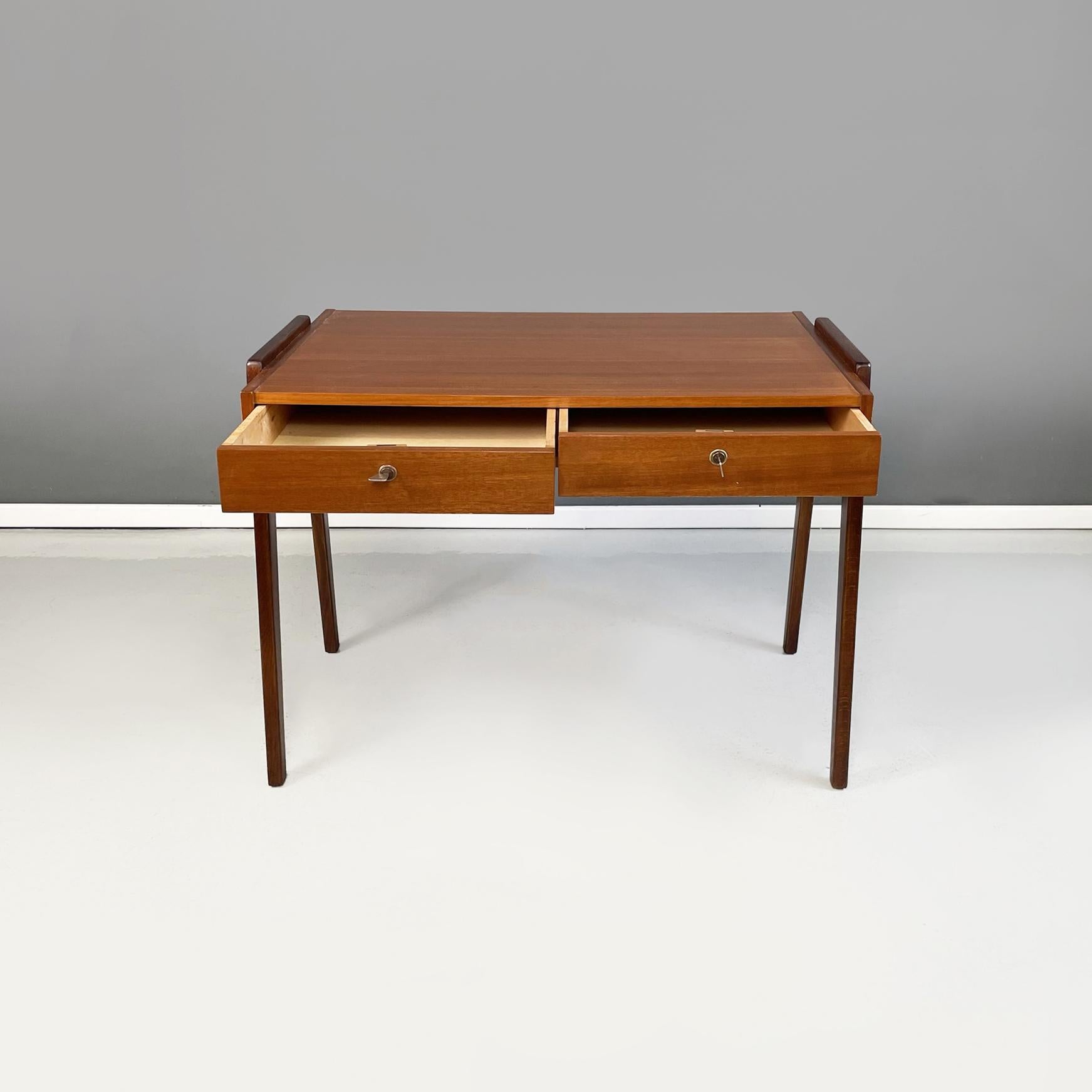 Mid-Century Modern German Midcentury Wooden Desk with Drawers and Brass Details, circa 1960s