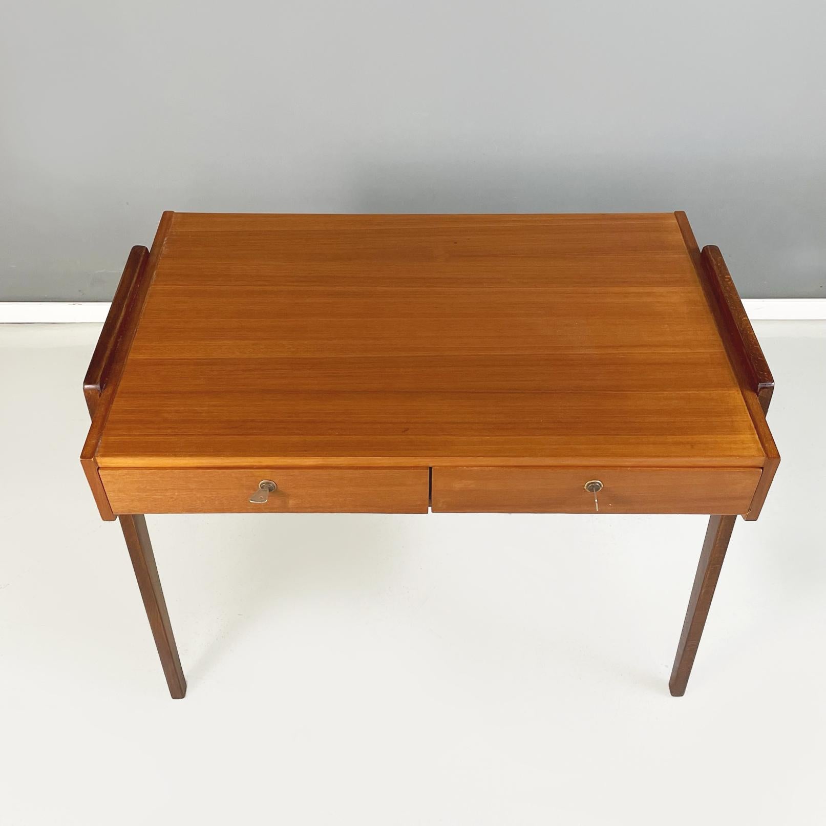 German Midcentury Wooden Desk with Drawers and Brass Details, circa 1960s 1