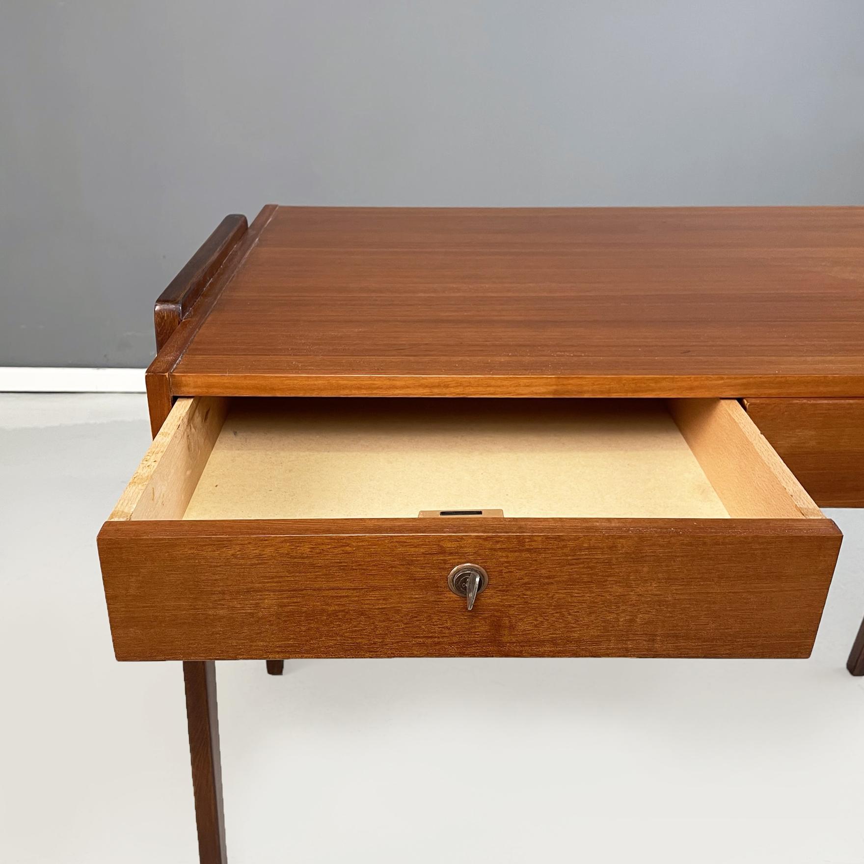 German Midcentury Wooden Desk with Drawers and Brass Details, circa 1960s 4
