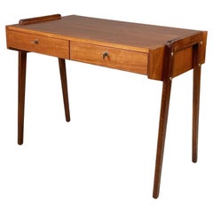 German Midcentury Wooden Desk with Drawers and Brass Details, circa 1960s