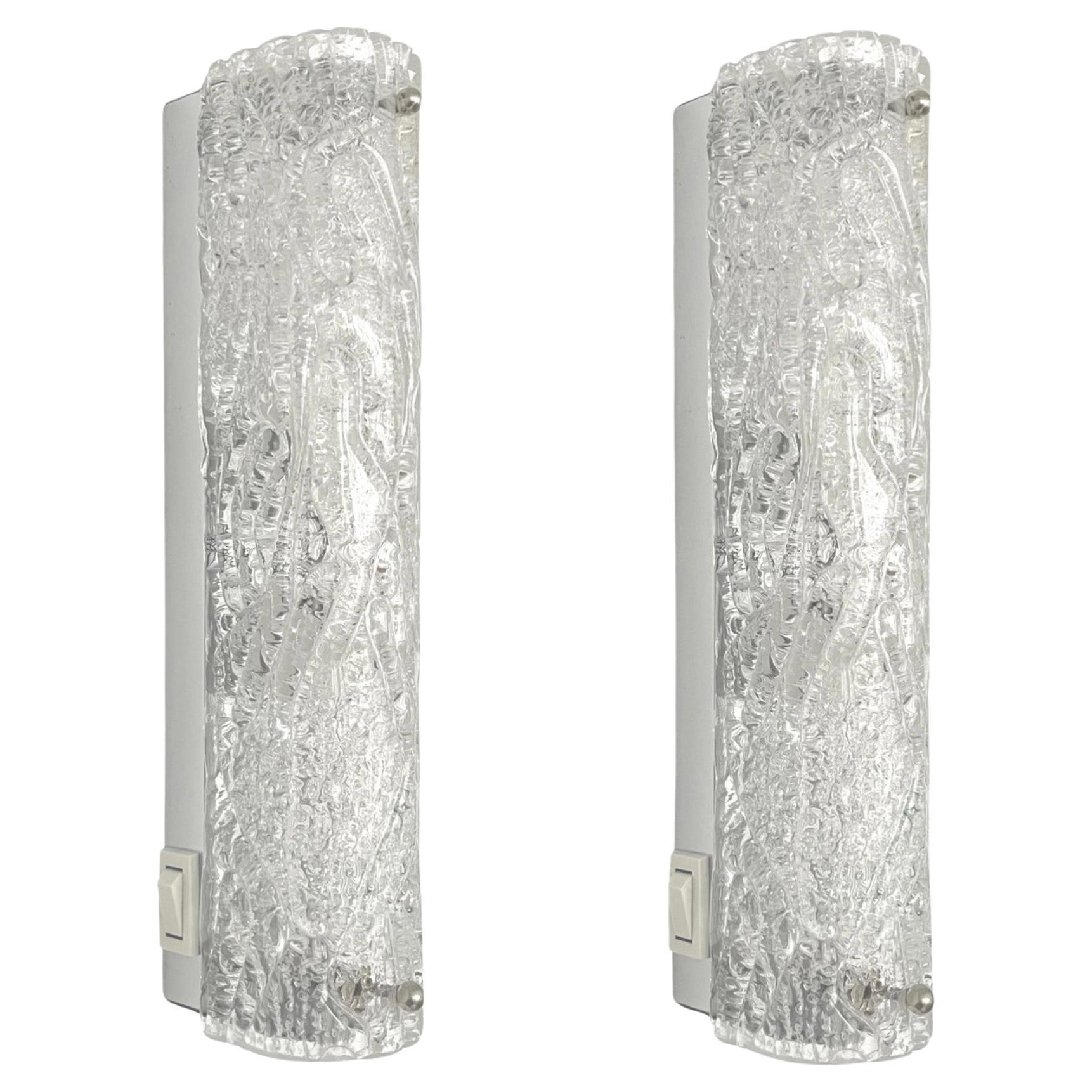 German Midcenturry Pair of Murano Ice-Glass Wall Sconces by Hillebrand, 1970s