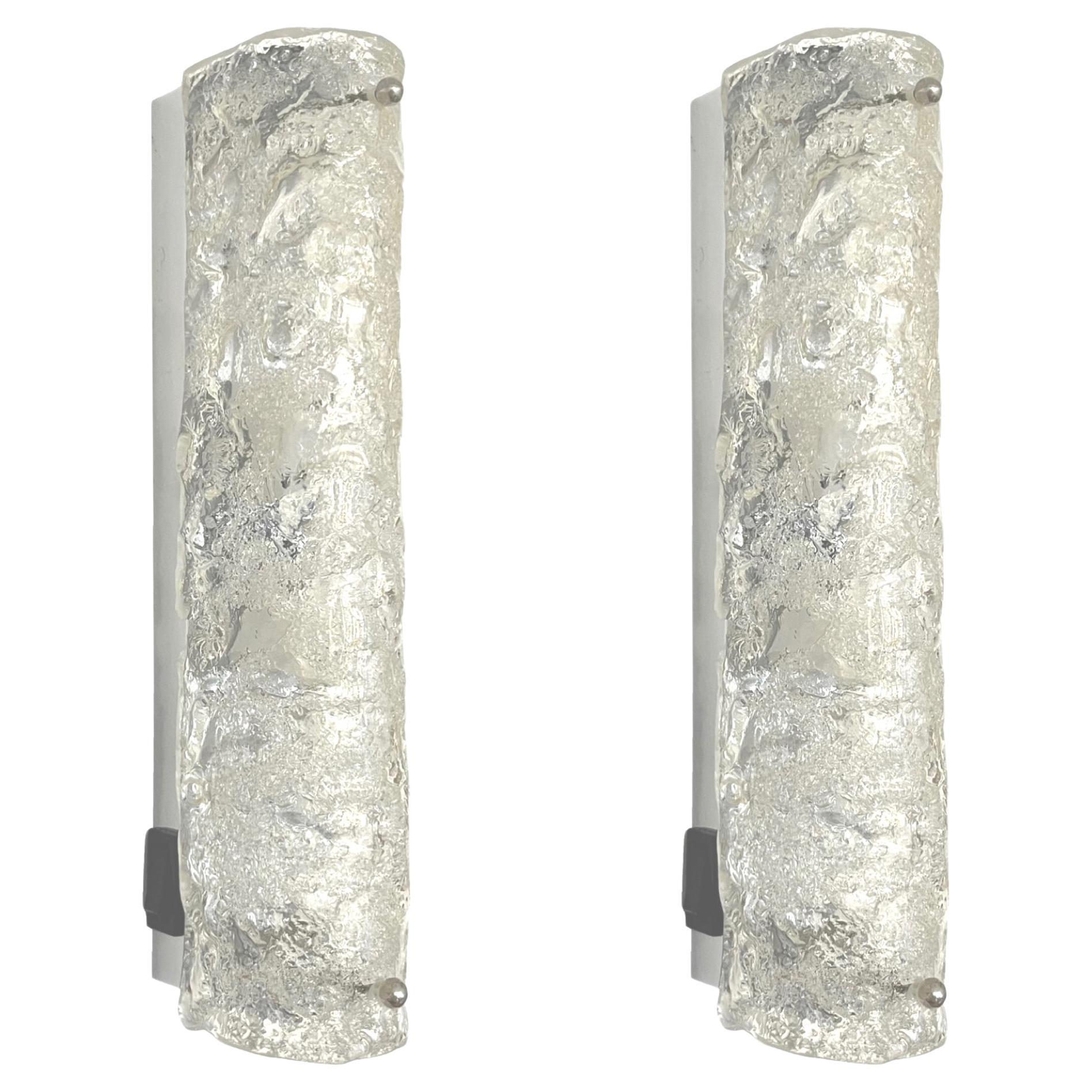 German Midcenturry Pair of Murano Ice-Glass Wall Sconces by Hillebrand, 1970s For Sale