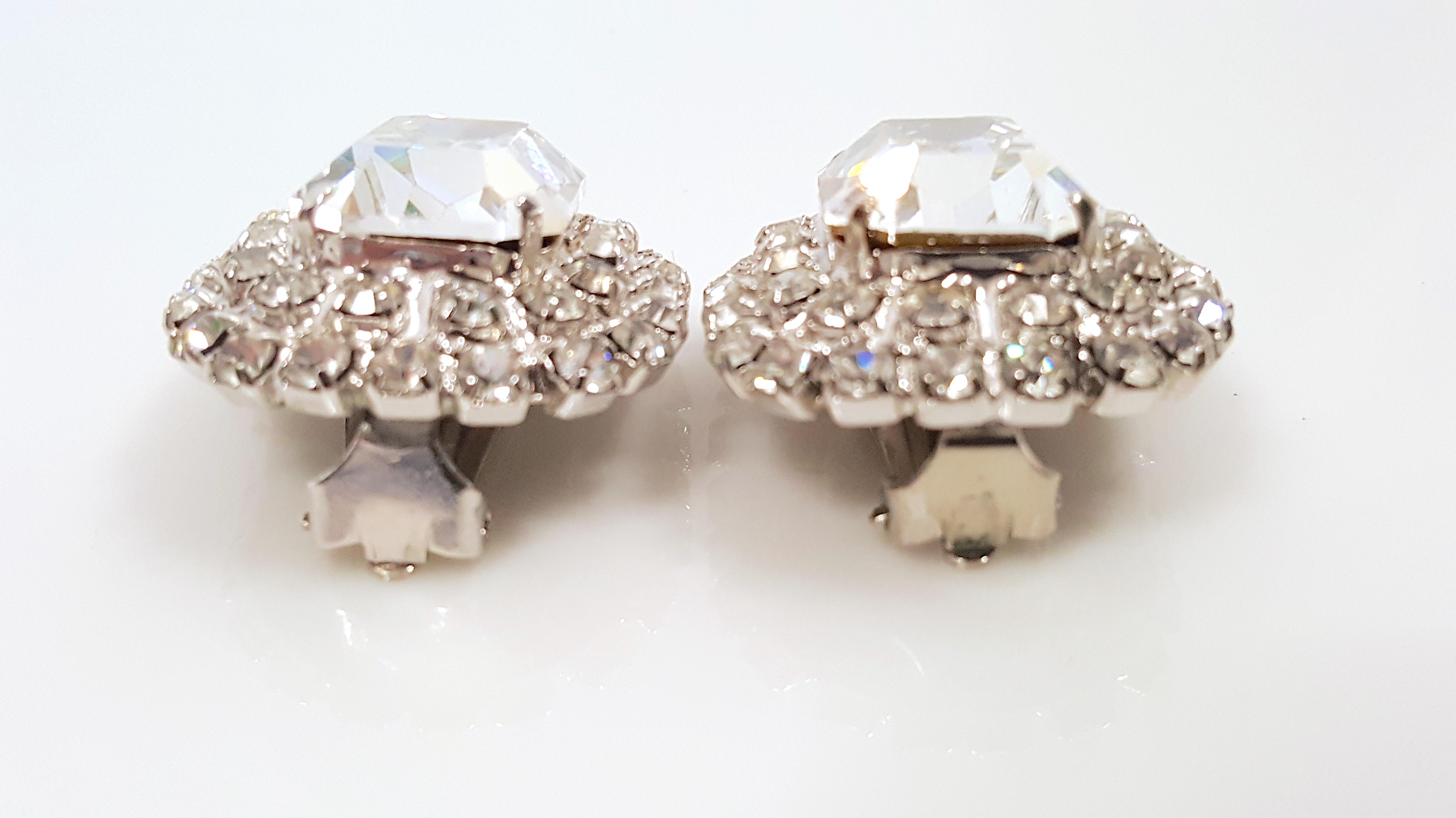 Modern Couture 1950s WestGermany DiorDesigner Crystal DoubleTrimmed EmeraldCut Earrings For Sale