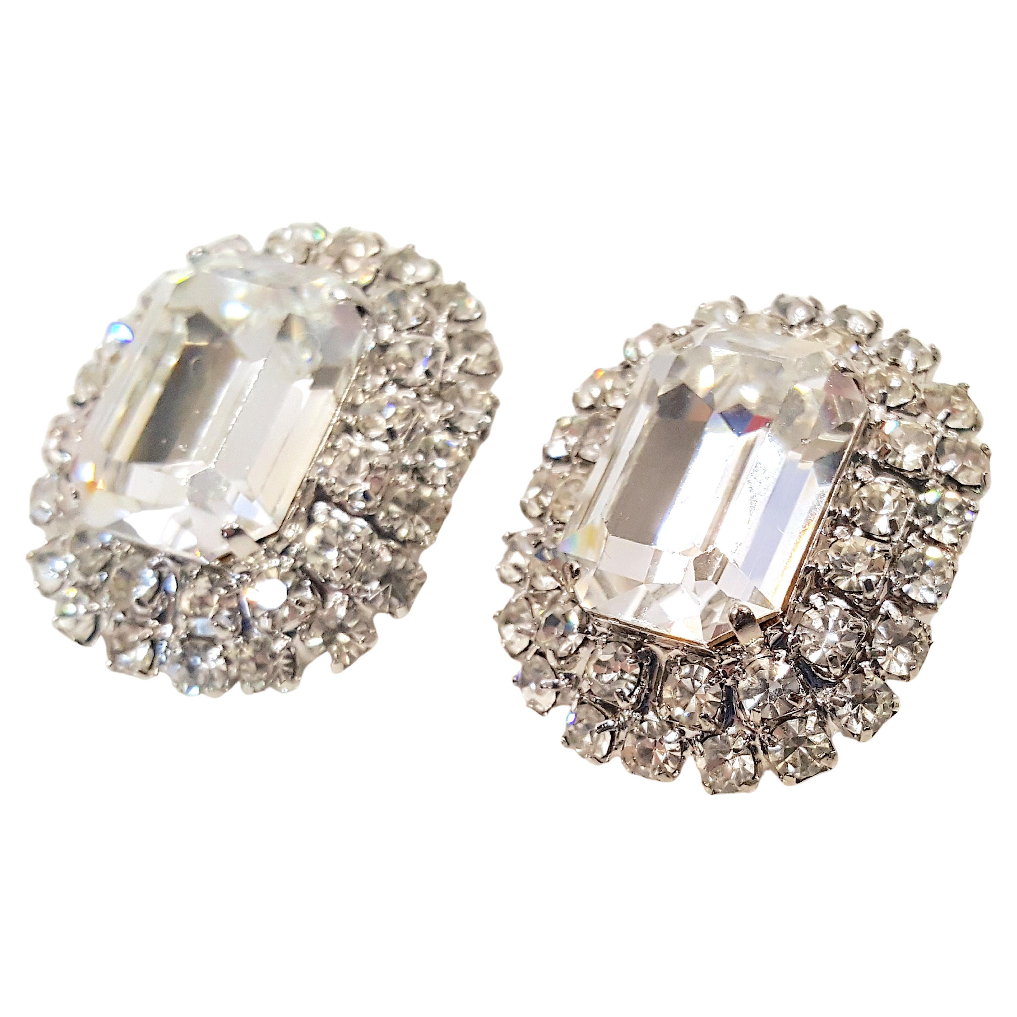 Couture 1950s WestGermany DiorDesigner Crystal DoubleTrimmed EmeraldCut Earrings For Sale