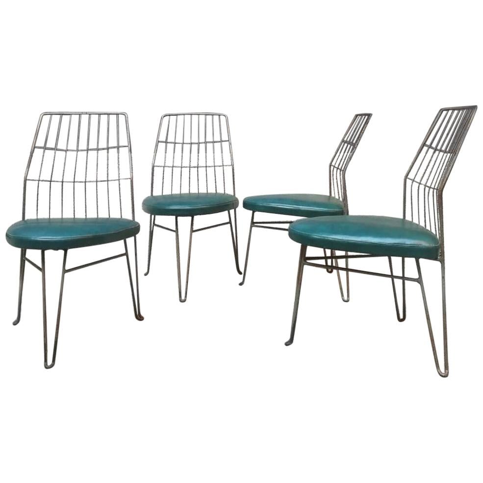 German Midcentury Set of Metal Rod and Green Sky Bauhaus Chairs, 1940s
