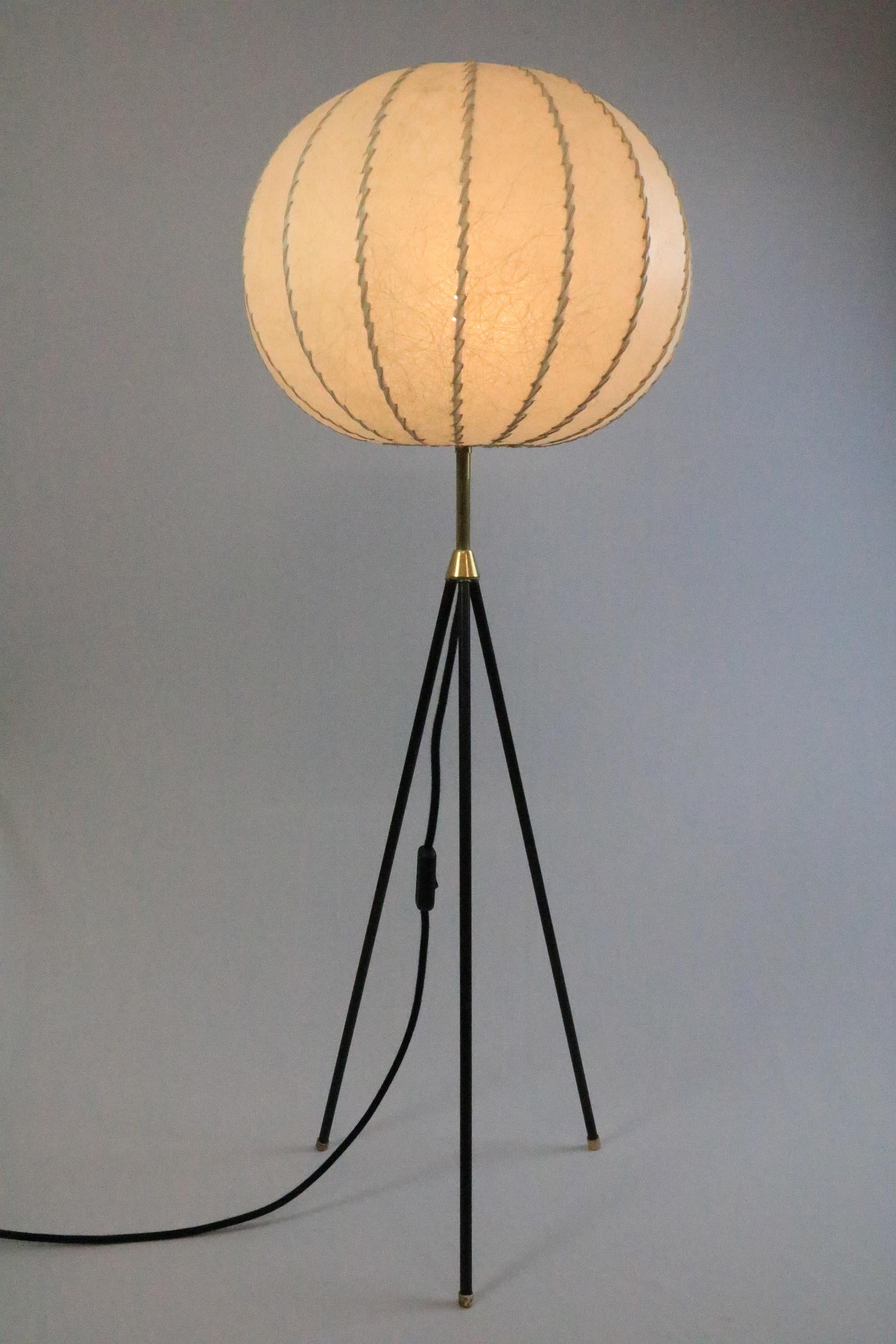 20th Century German Midcentury Tripod Floor Lamp, Cocoon Lampshade