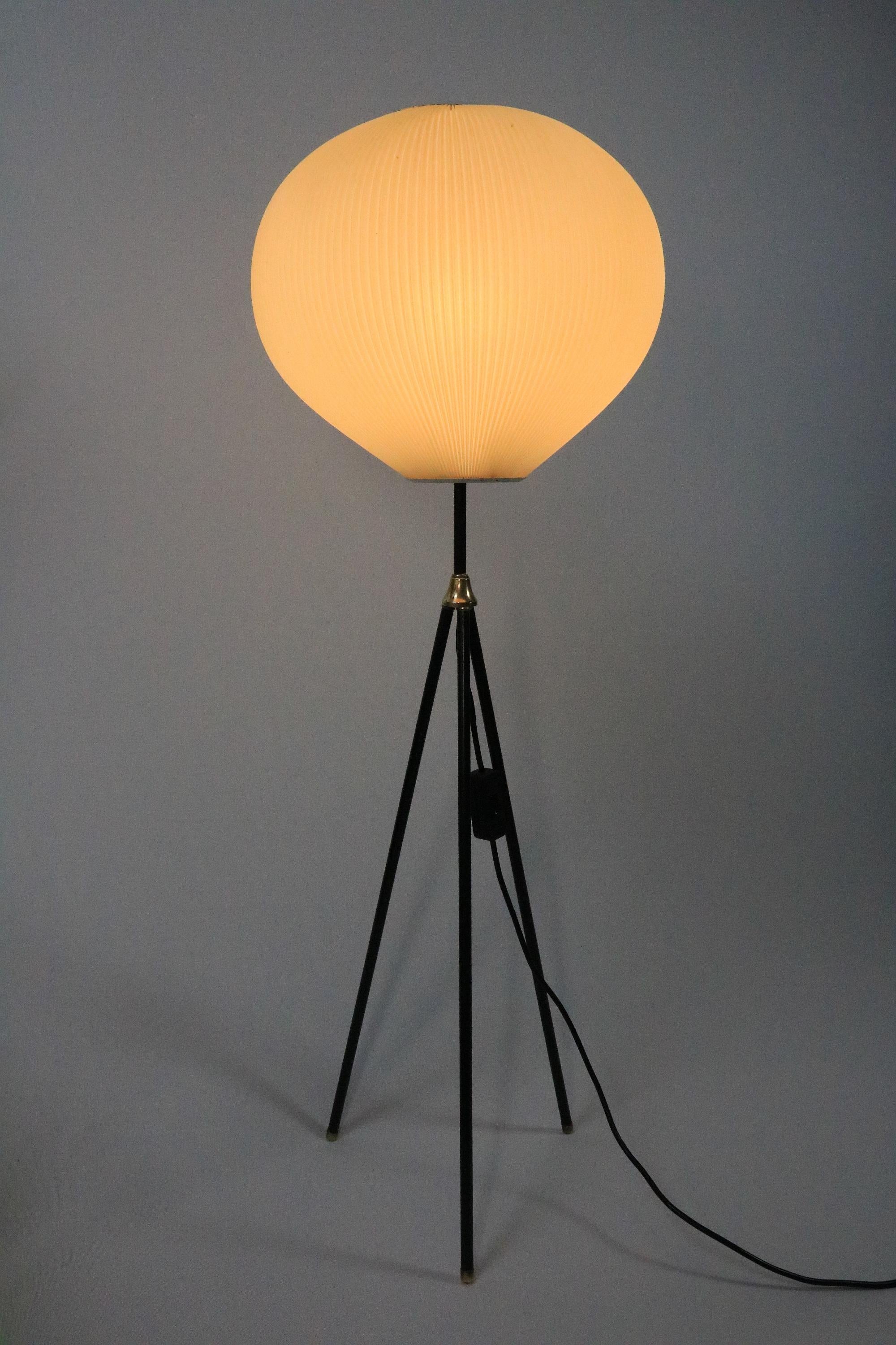 20th Century German Midcentury Tripod Floor Lamp, Pleated Lampshade, 50s 60s For Sale
