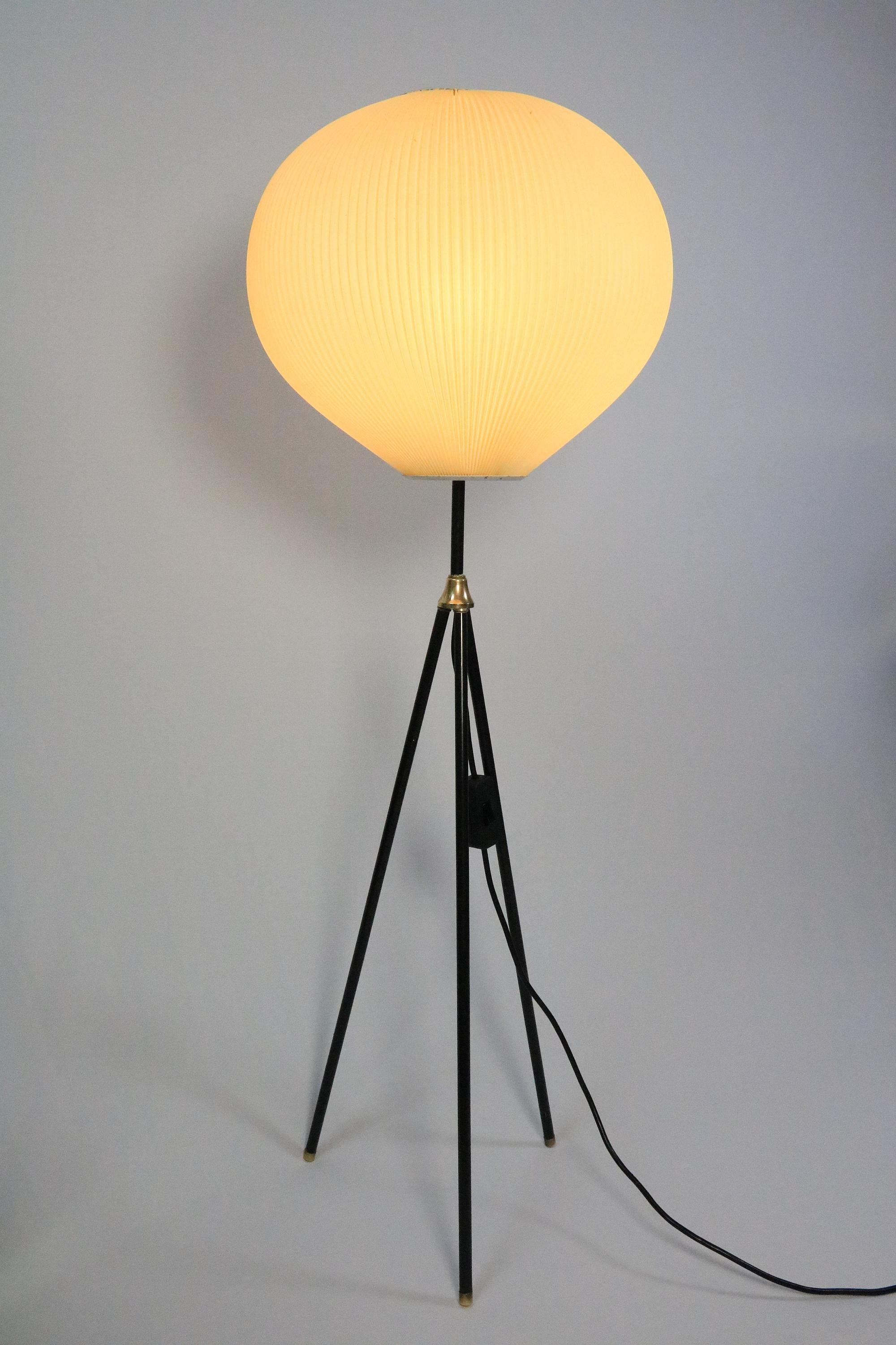 Metal German Midcentury Tripod Floor Lamp, Pleated Lampshade, 50s 60s For Sale