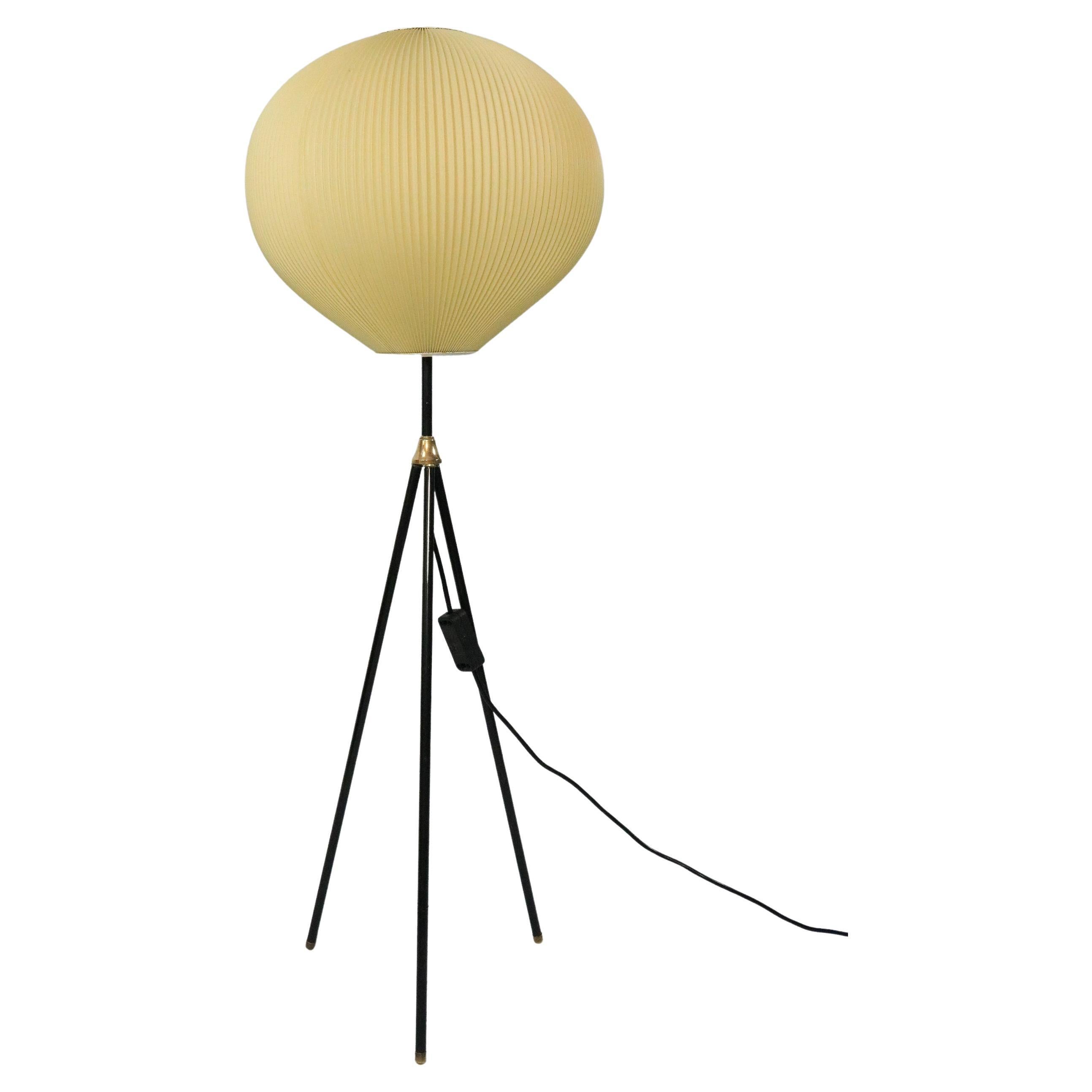 German Midcentury Tripod Floor Lamp, Pleated Lampshade, 50s 60s For Sale