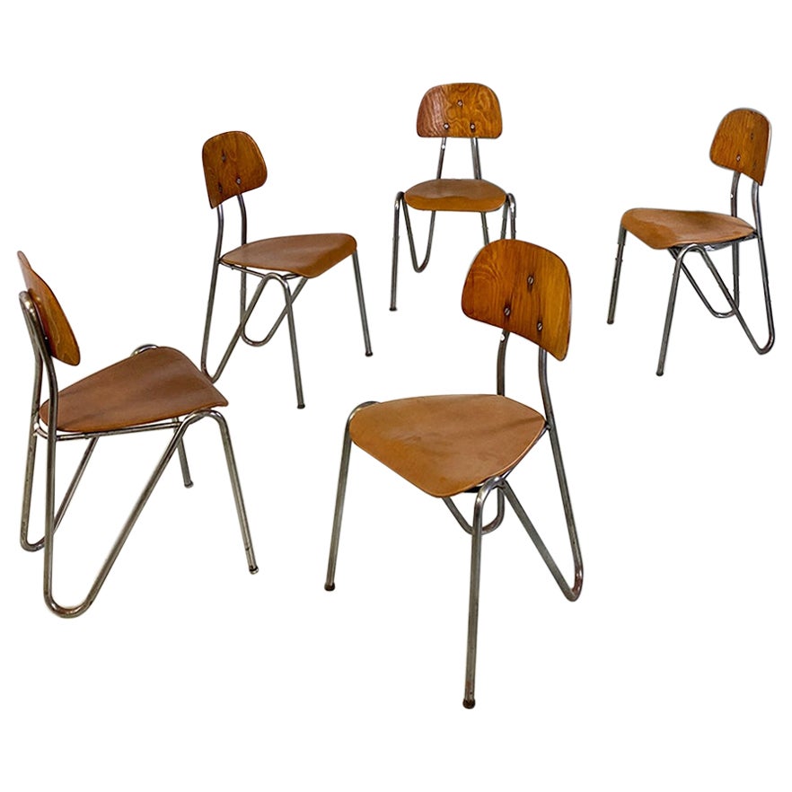 German Midcentury Wood, Leather and Metal Stackable Chairs Bauhaus Style, 1940s