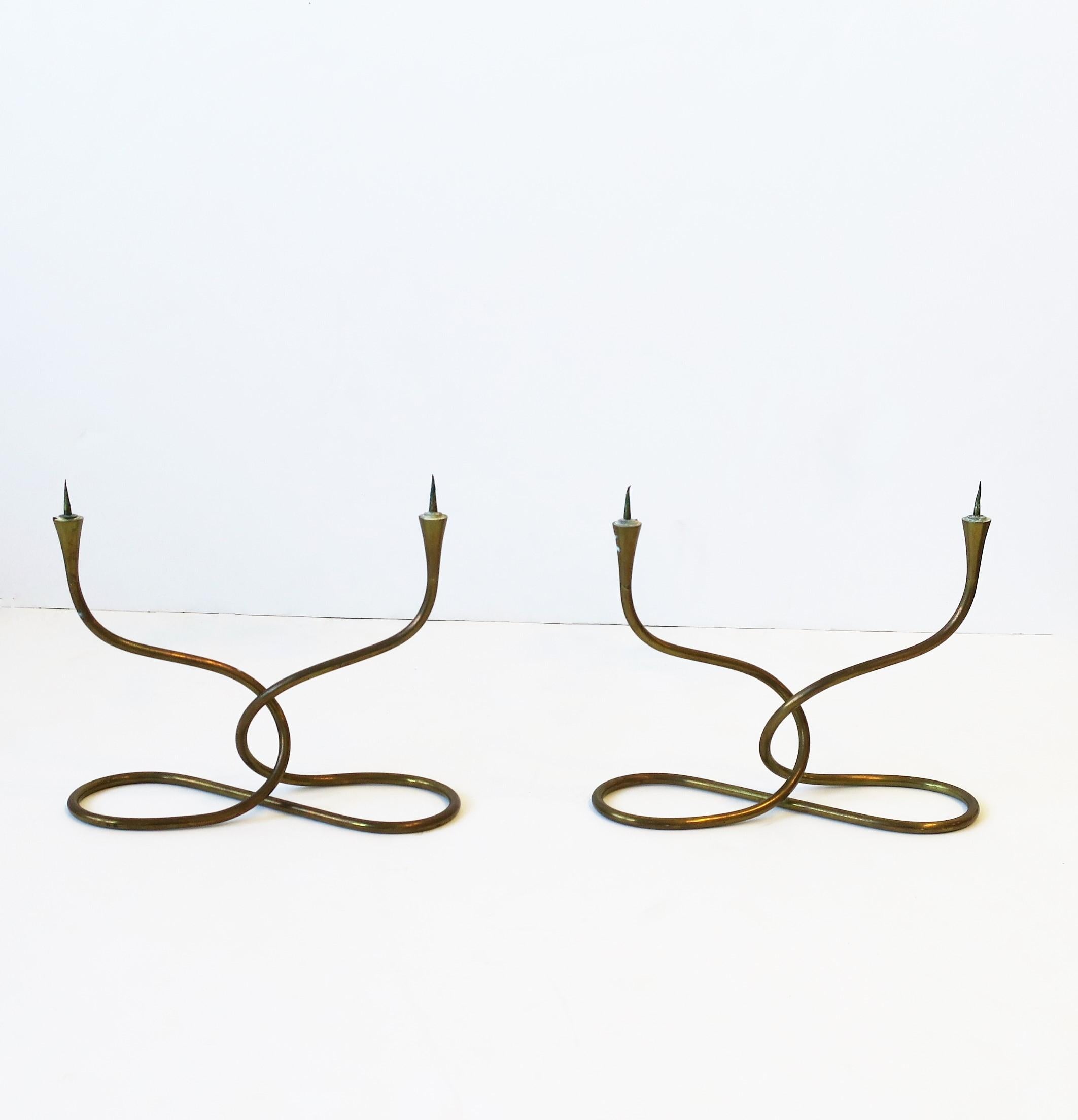 German Modern Brass Candelabras or Candlestick Holders, Pair In Good Condition In New York, NY