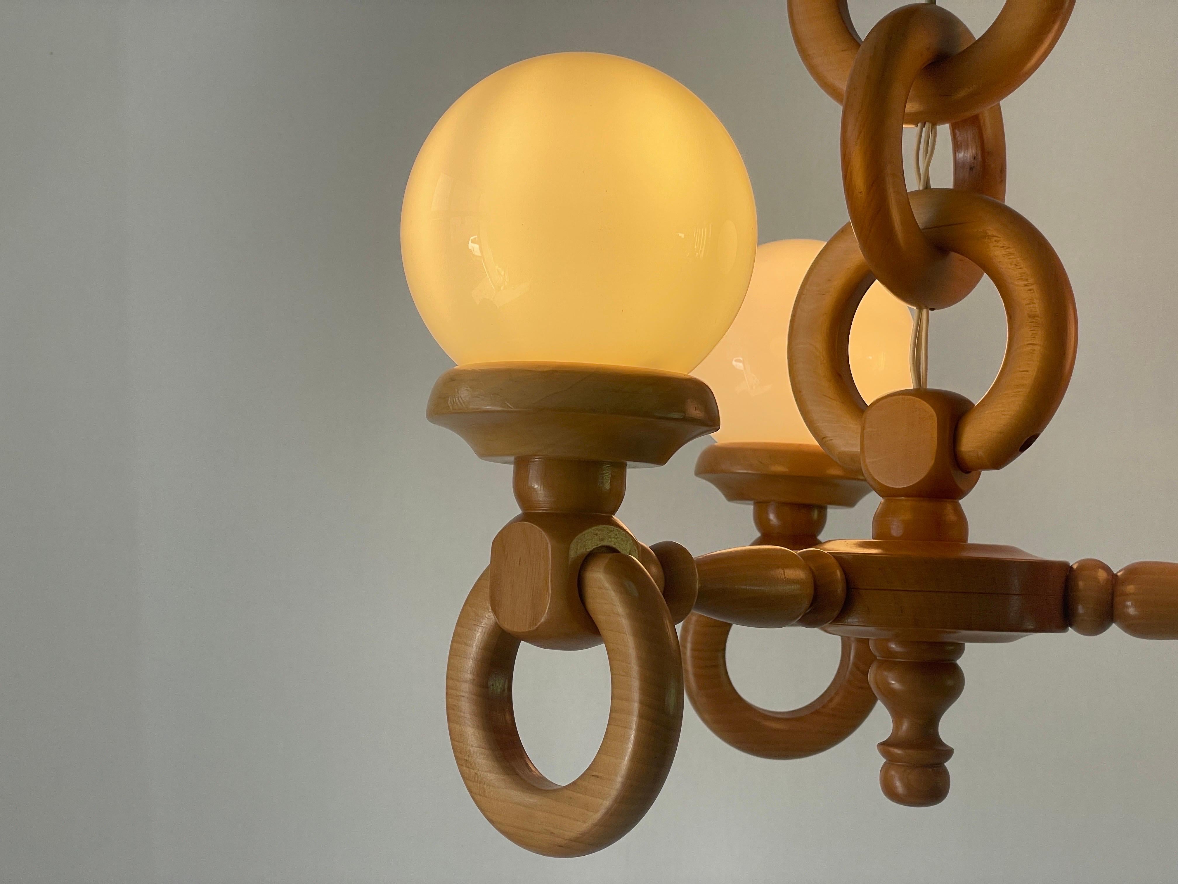 German Modern Triple Opaline Glass & Wood Chain Body Ceiling Lamp, 1970s, German For Sale 5