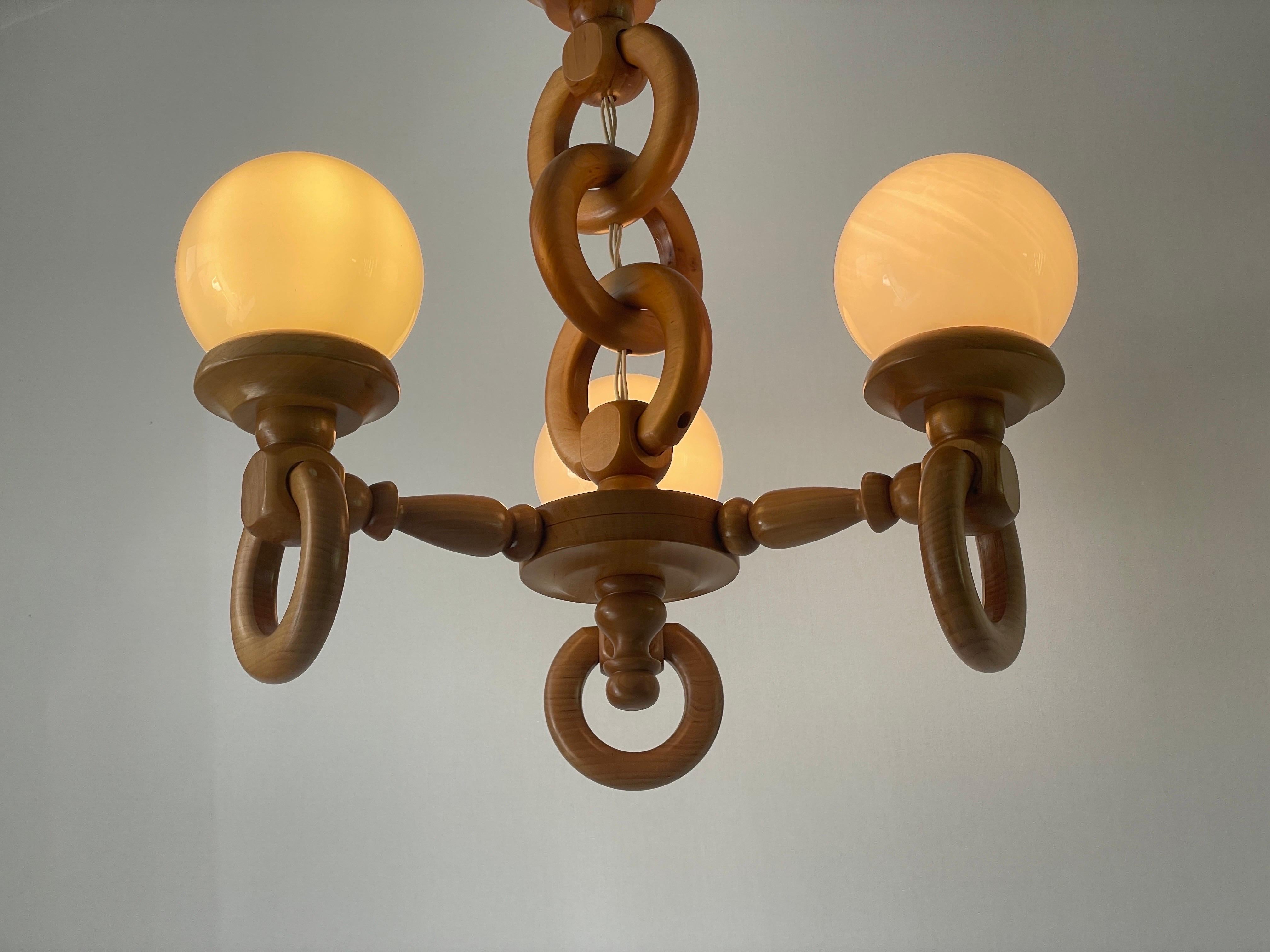 German Modern Triple Opaline Glass & Wood Chain Body Ceiling Lamp, 1970s, German For Sale 6