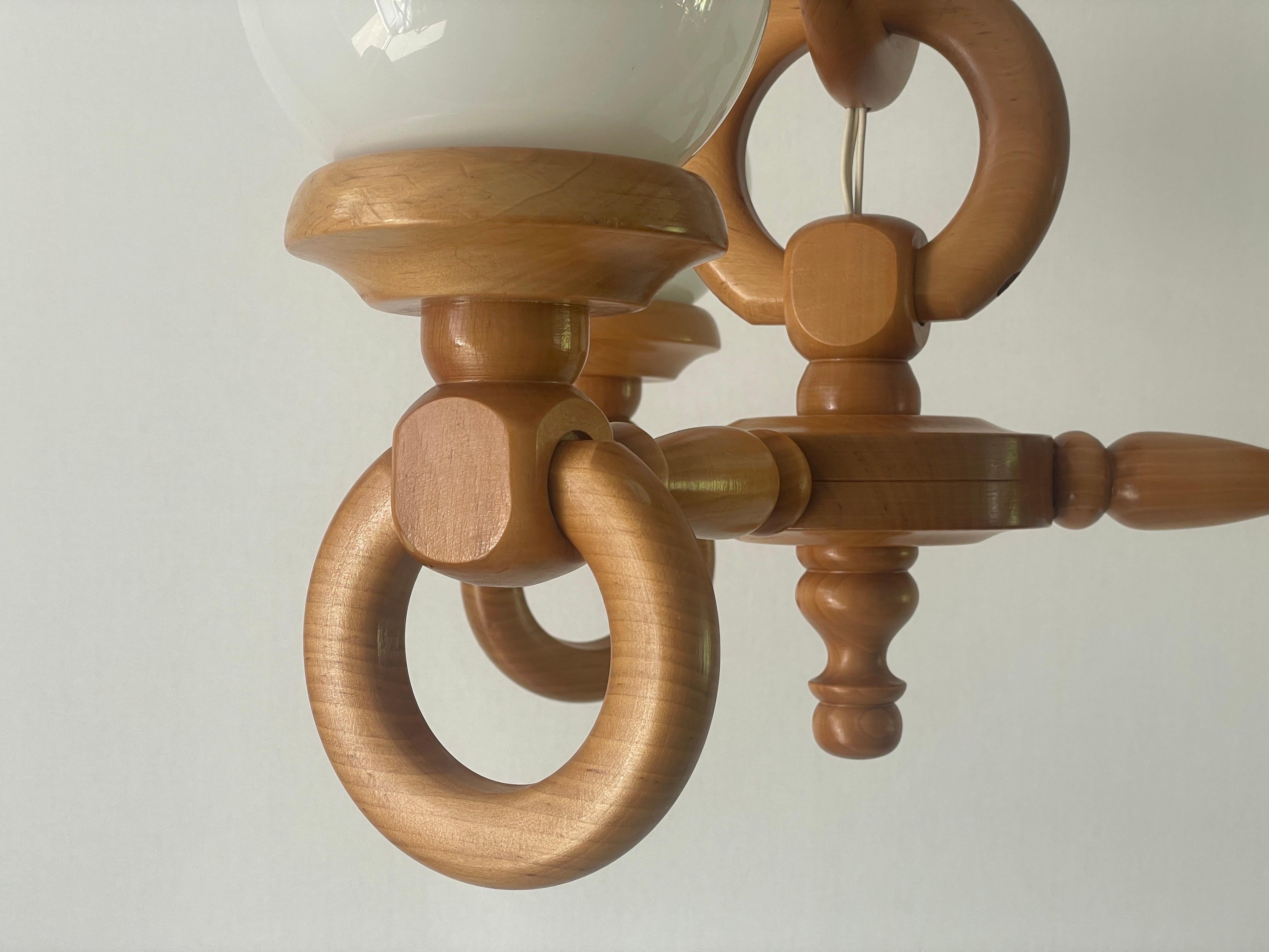 German Modern Triple Opaline Glass & Wood Chain Body Ceiling Lamp, 1970s, German For Sale 7