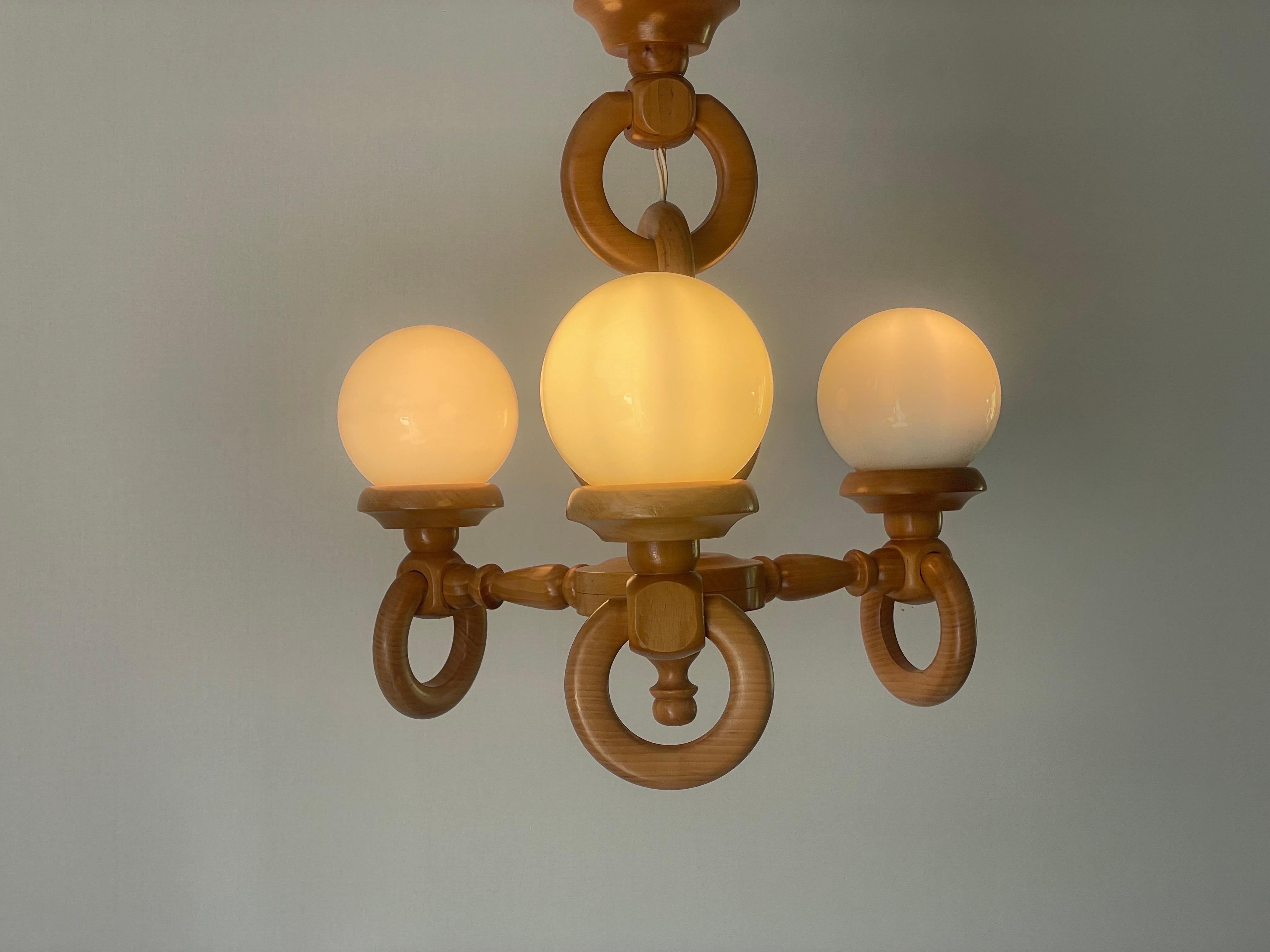 German Modern Triple Opaline Glass & Wood Chain Body Ceiling Lamp, 1970s, German For Sale 8