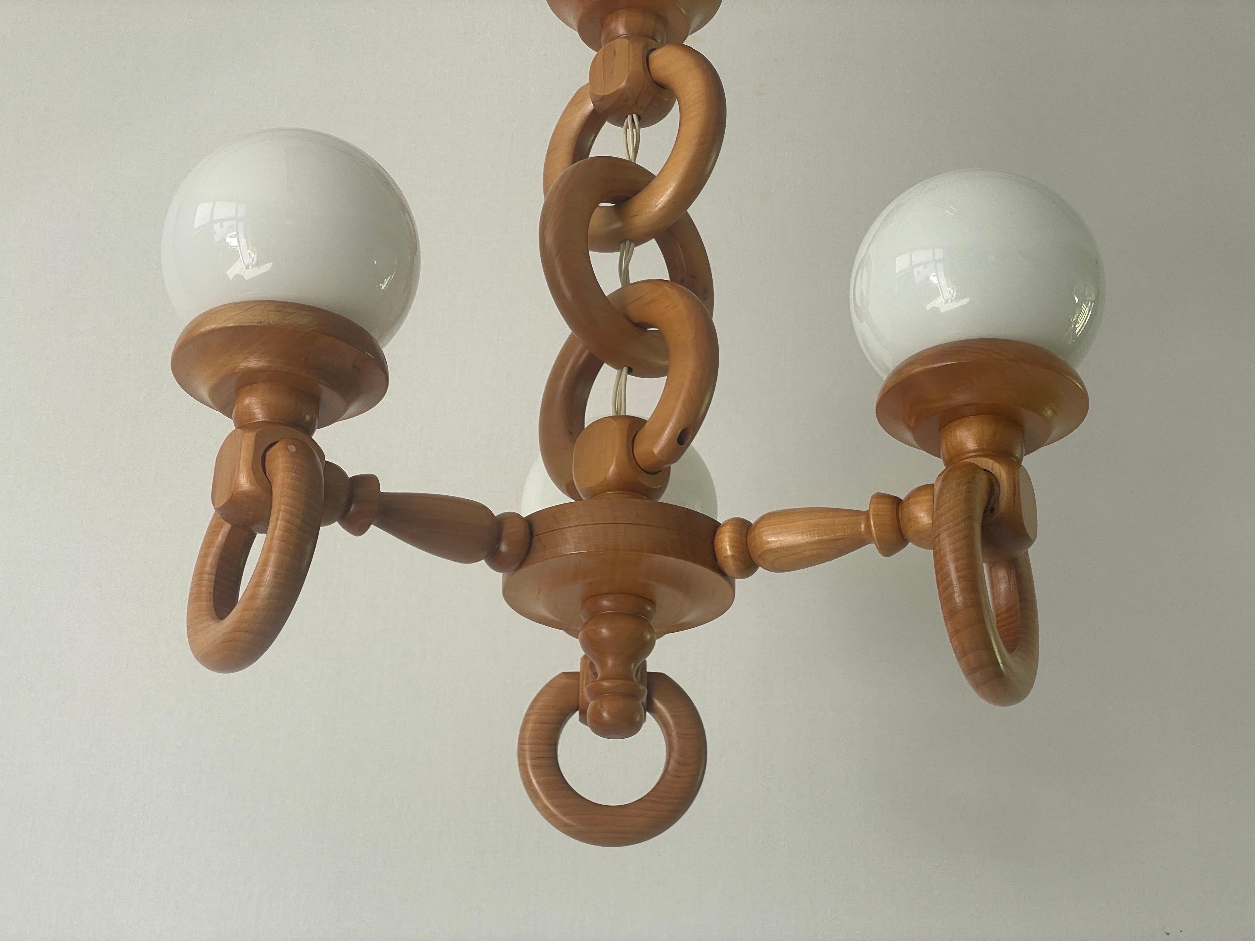 Space Age German Modern Triple Opaline Glass & Wood Chain Body Ceiling Lamp, 1970s, German For Sale