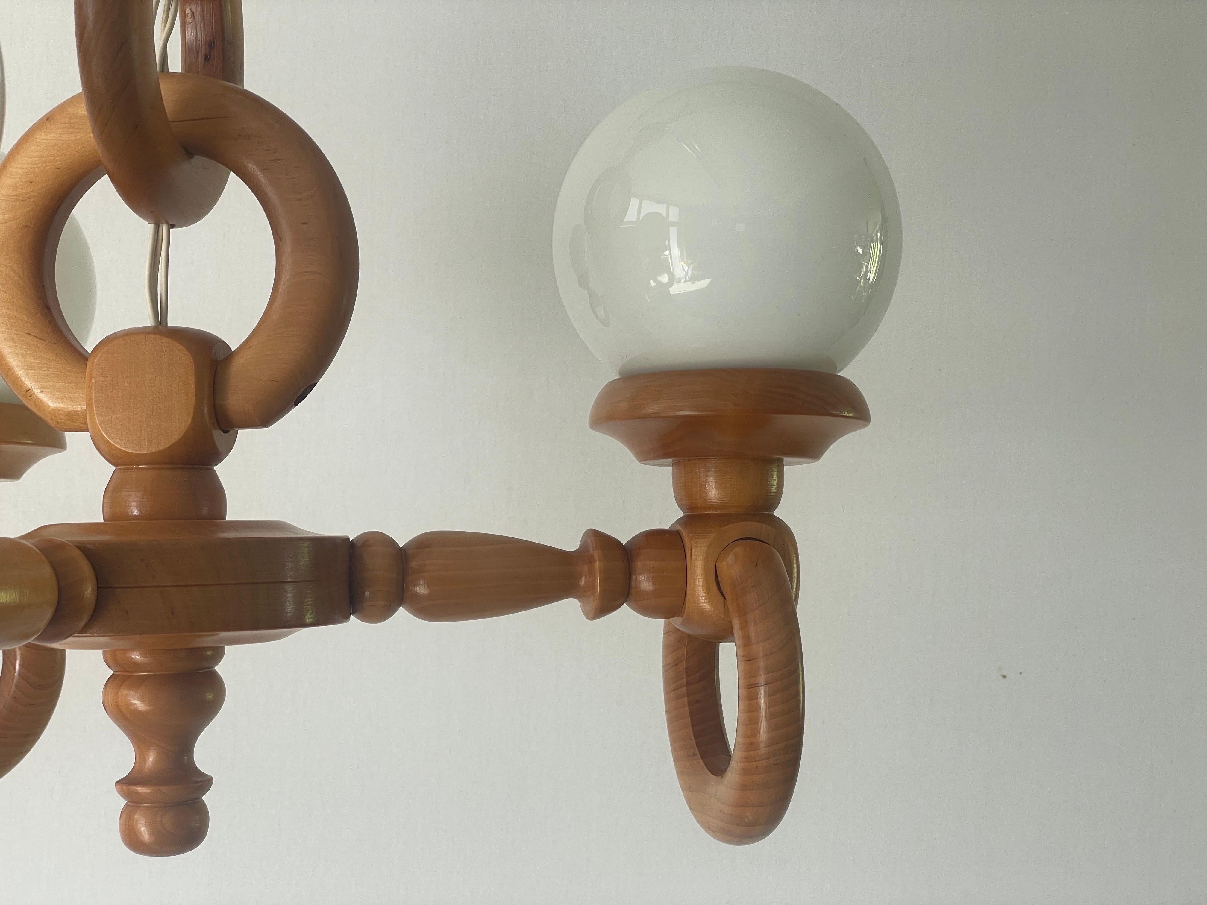 German Modern Triple Opaline Glass & Wood Chain Body Ceiling Lamp, 1970s, German In Excellent Condition For Sale In Hagenbach, DE