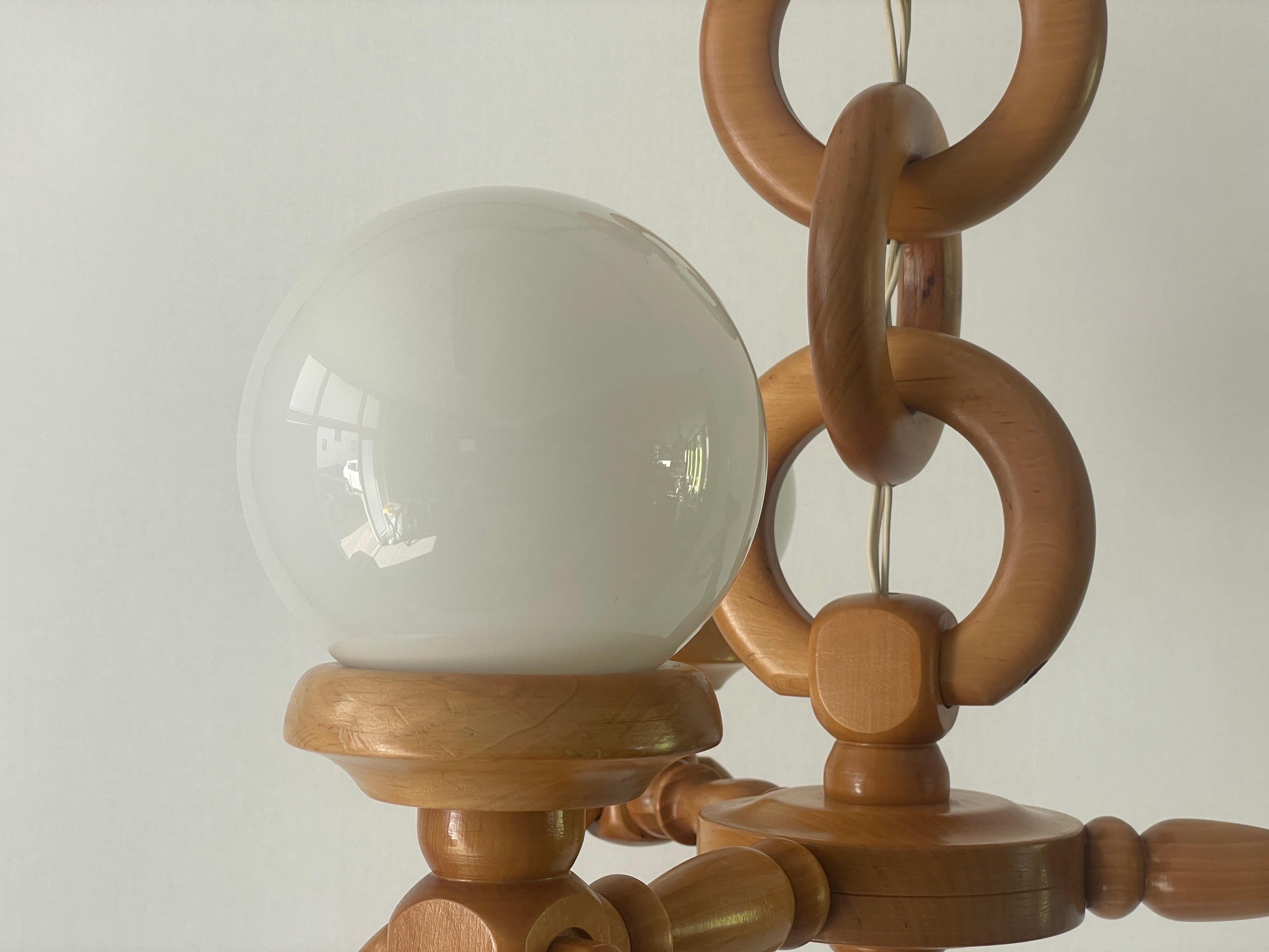 Late 20th Century German Modern Triple Opaline Glass & Wood Chain Body Ceiling Lamp, 1970s, German For Sale