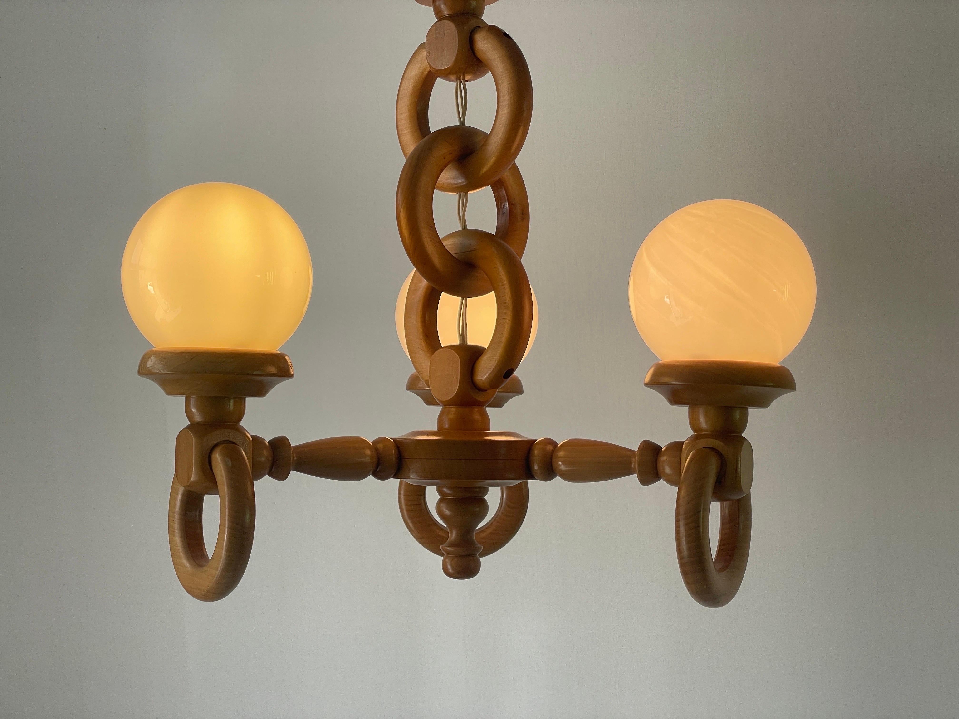 German Modern Triple Opaline Glass & Wood Chain Body Ceiling Lamp, 1970s, German For Sale 3