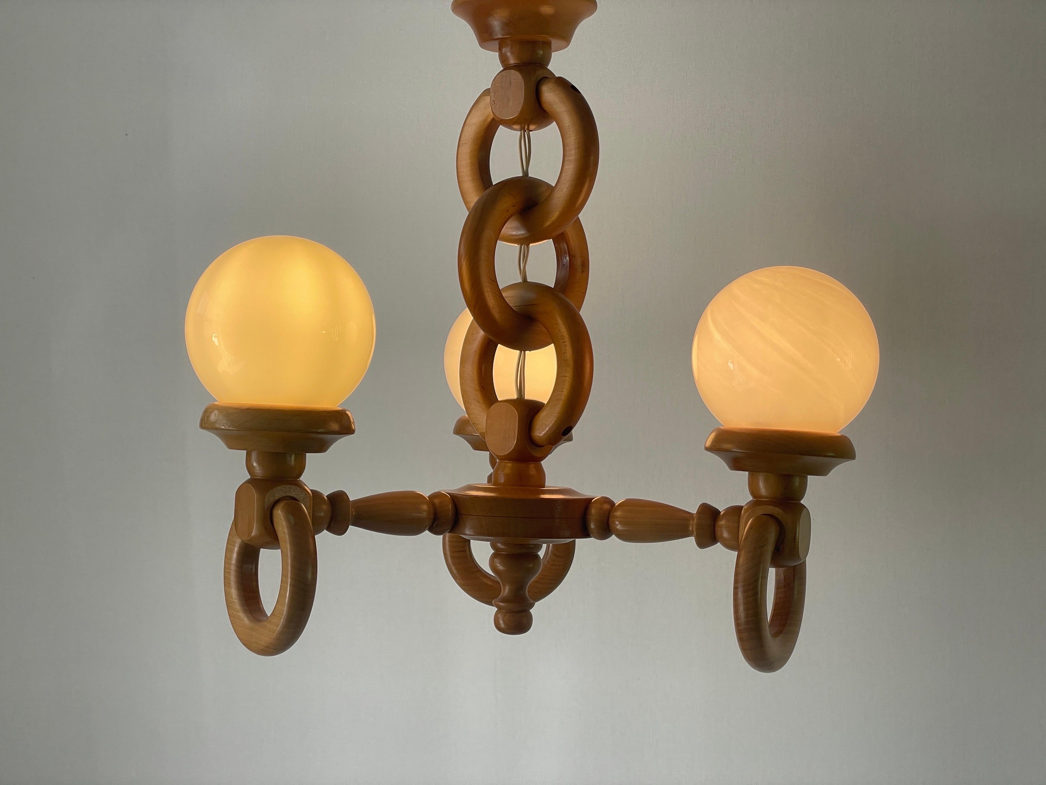 German Modern Triple Opaline Glass & Wood Chain Body Ceiling Lamp, 1970s, German For Sale 4