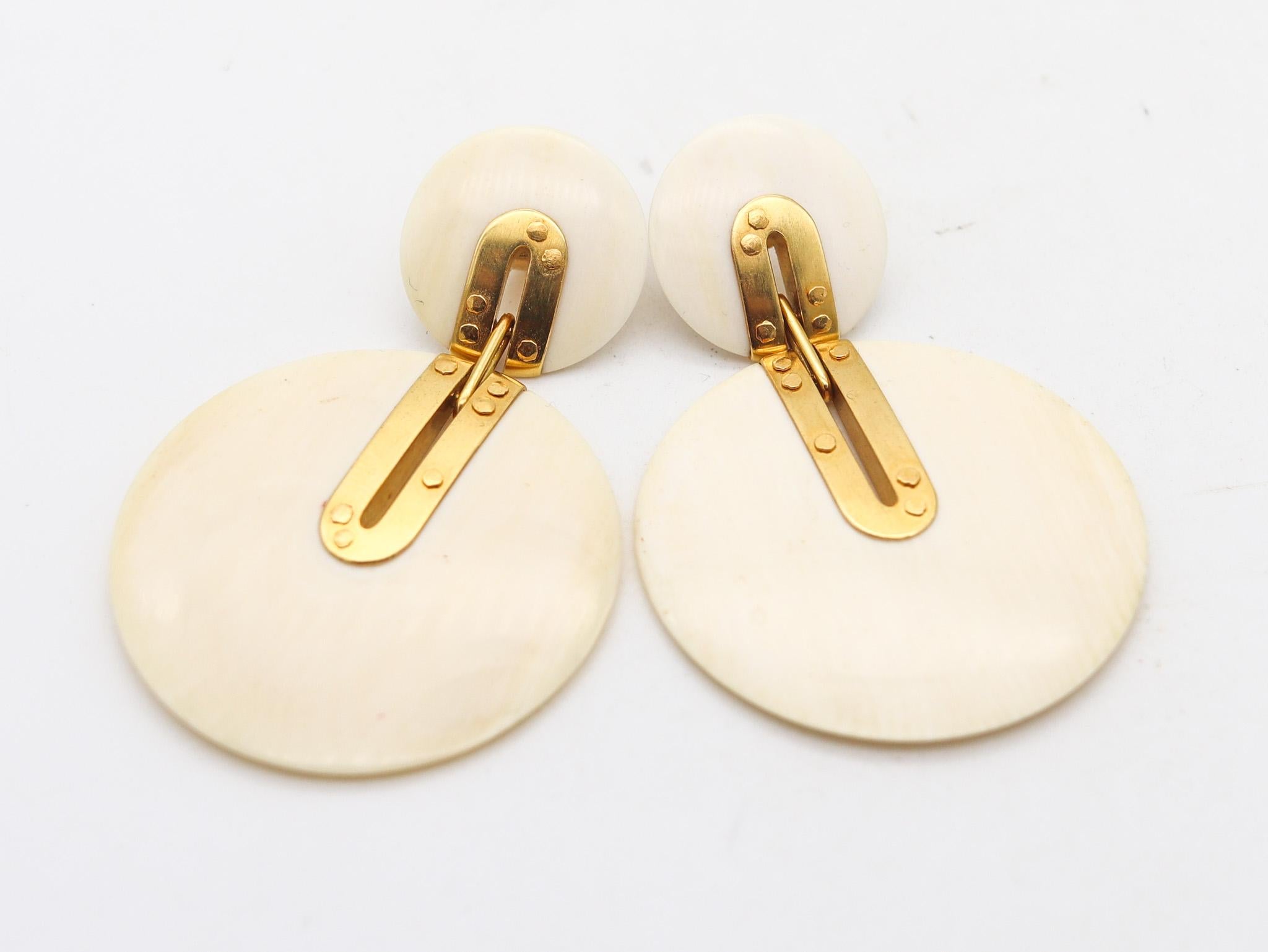 Women's German Modernist 1970 Geometric Statement Dangle Drop Earrings 18Kt Yellow Gold For Sale