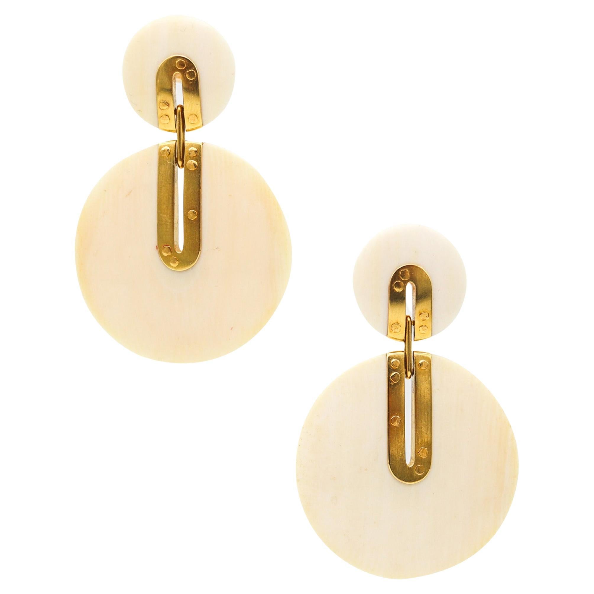 German Modernist 1970 Geometric Statement Dangle Drop Earrings 18Kt Yellow Gold