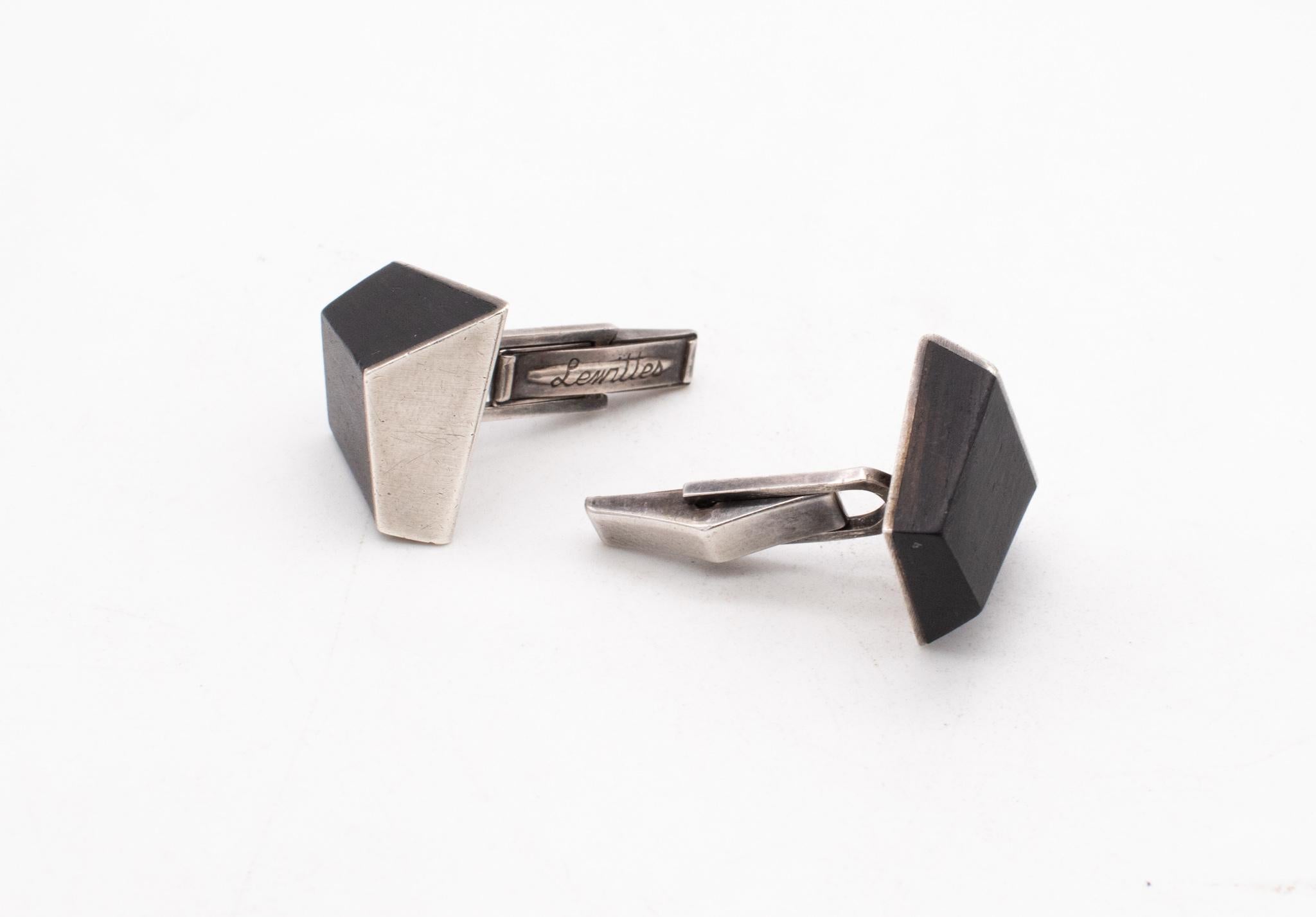 Esther Lewittes Modernist 1950 Geometric Cufflinks sterling Silver & Ebony Wood In Excellent Condition For Sale In Miami, FL