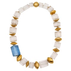 German Modernist Necklace in 18kt Yellow Gold with Aquamarine and Rock Quartz