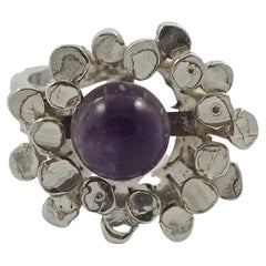 Vintage German Modernist Silver Ring with a Round Amethyst Stone circa 1960s