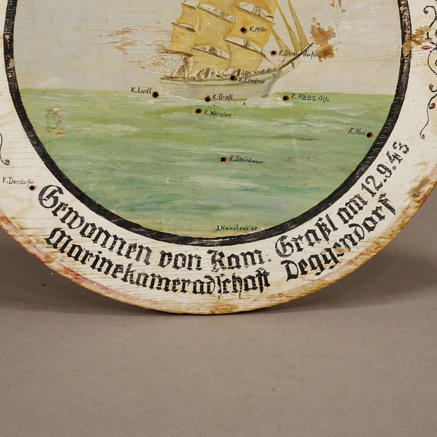 Victorian German Navy League Shooting Target Plaque with Sailing Ship 1943 For Sale