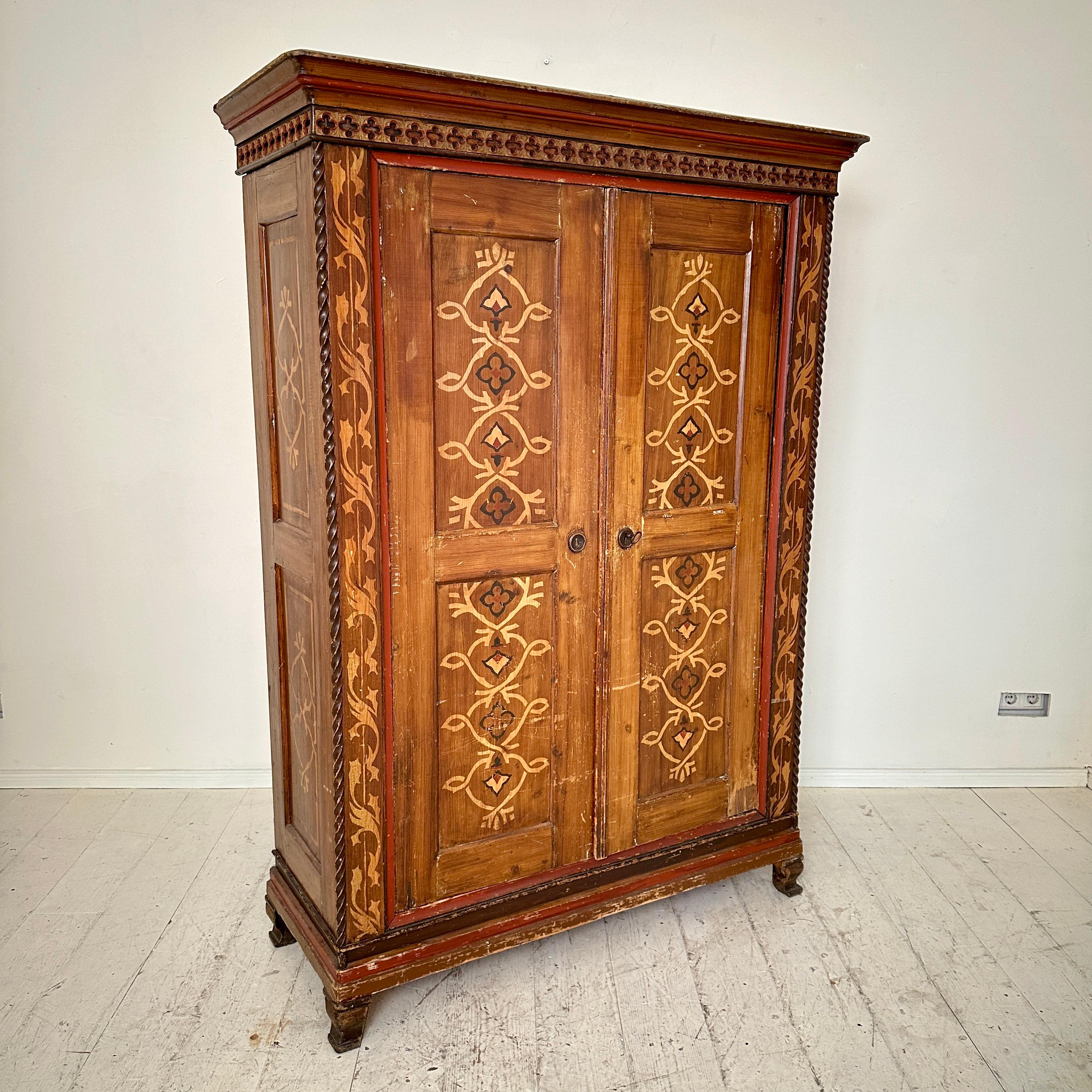 Pine German Neo-Gothic Painted and Carved Cupboard, around 1870 For Sale