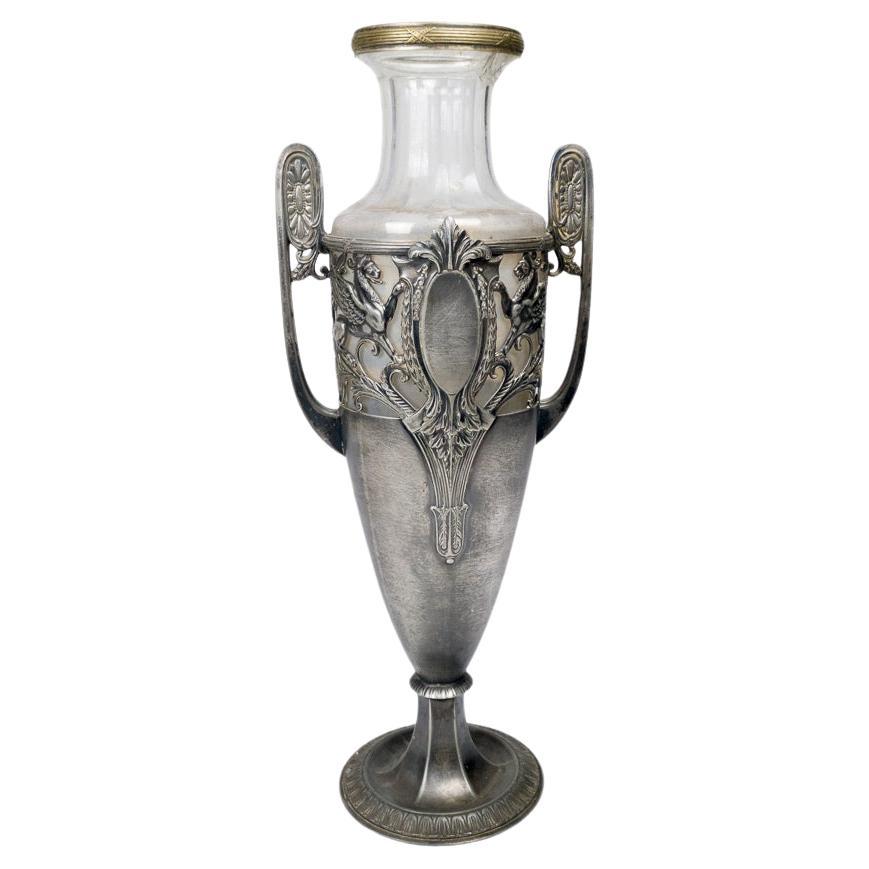 Vaso ad anfora neoclassico tedesco in peltro e vetro, 1900 in vendita