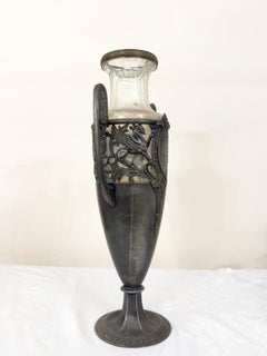 German Neoclassical Amphora Jar Vase in Pewter and Glass, 1900s