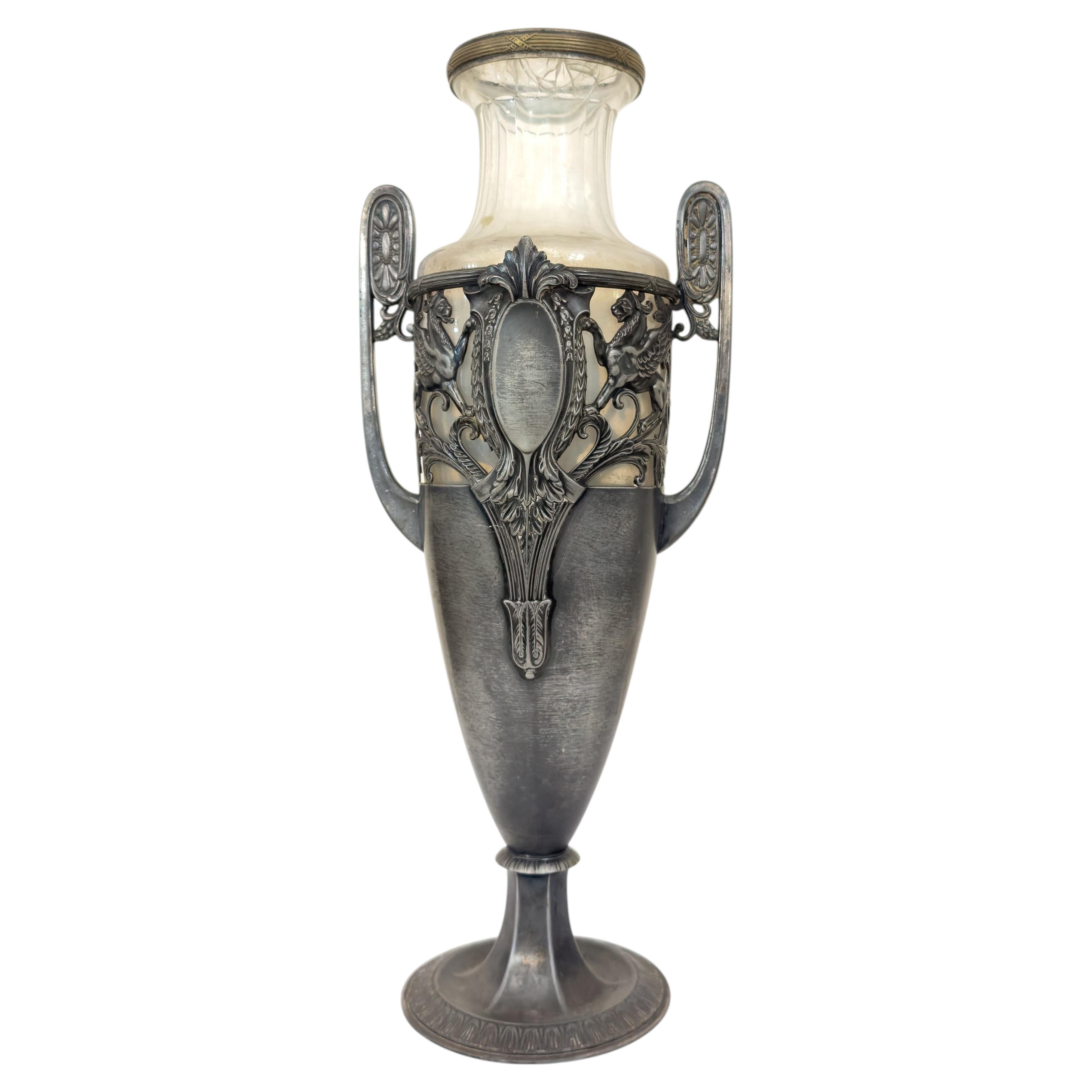 German Neoclassical Amphora Jar Vase in Pewter and Glass, 1900s For Sale