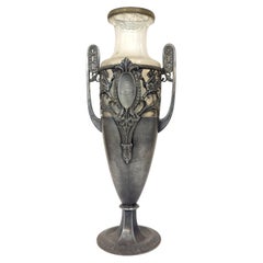 German Neoclassical Amphora Jar Vase in Pewter and Glass, 1900s