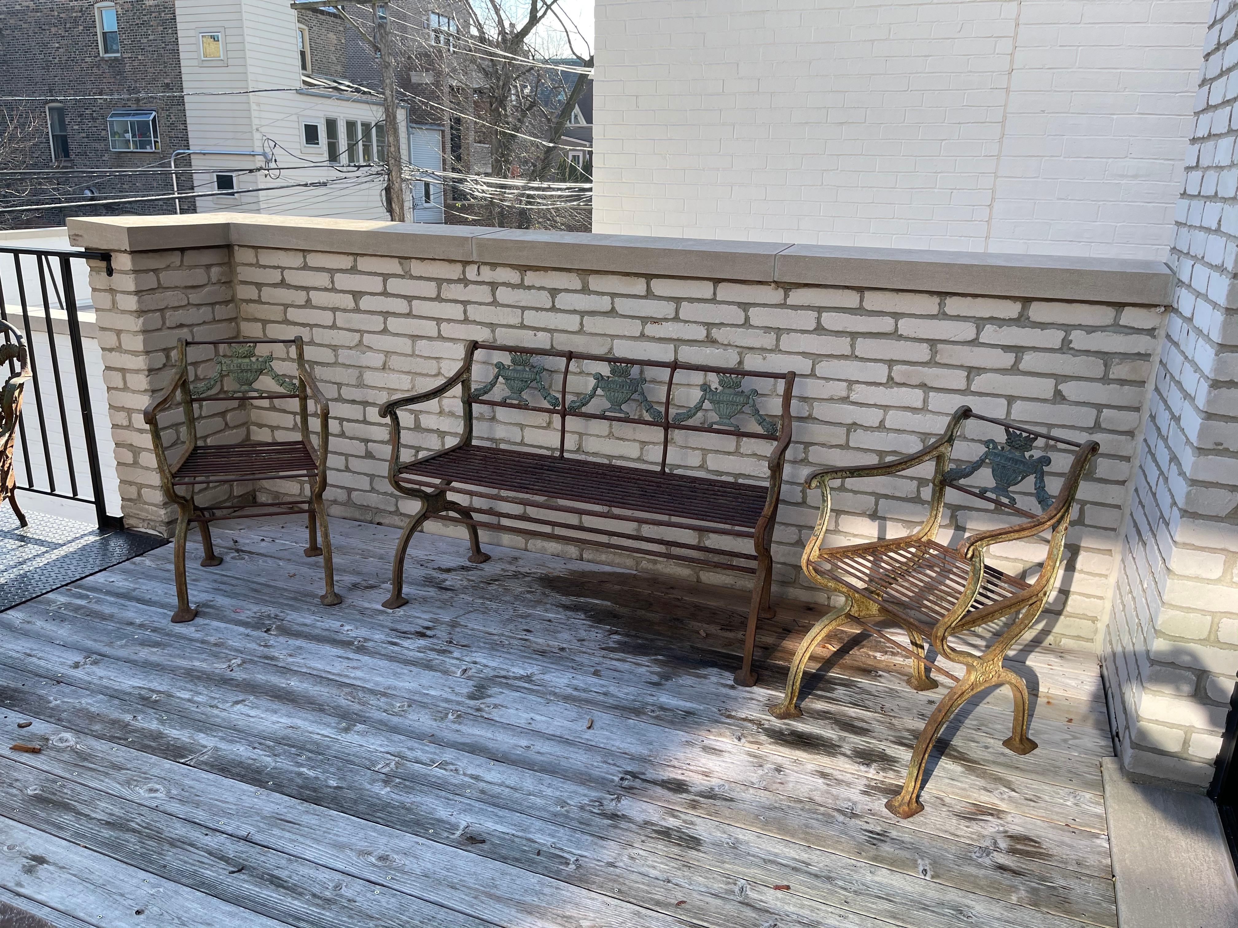 Cast German Neoclassical Iron Garden Bench and Chairs after Karl Friderich Schinkel For Sale