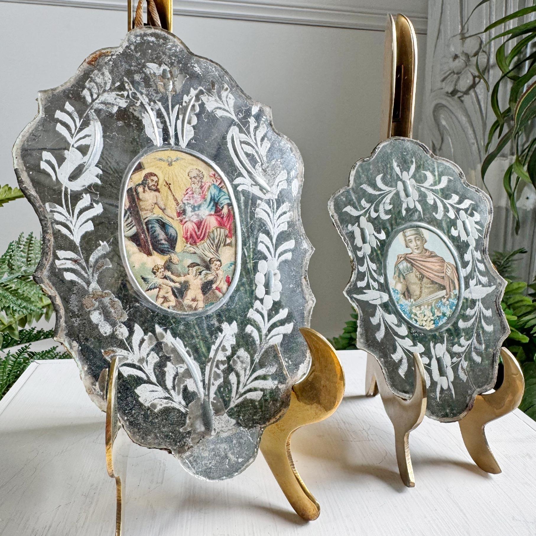 An incredible pair of reverse painted late 18th / Early 19th century Nuns' mirrors, probably southern Germany or Austrian. These stunning pieces are in superb original condition, one depicting the Holy Trinity, and the other Saint Martin.



As