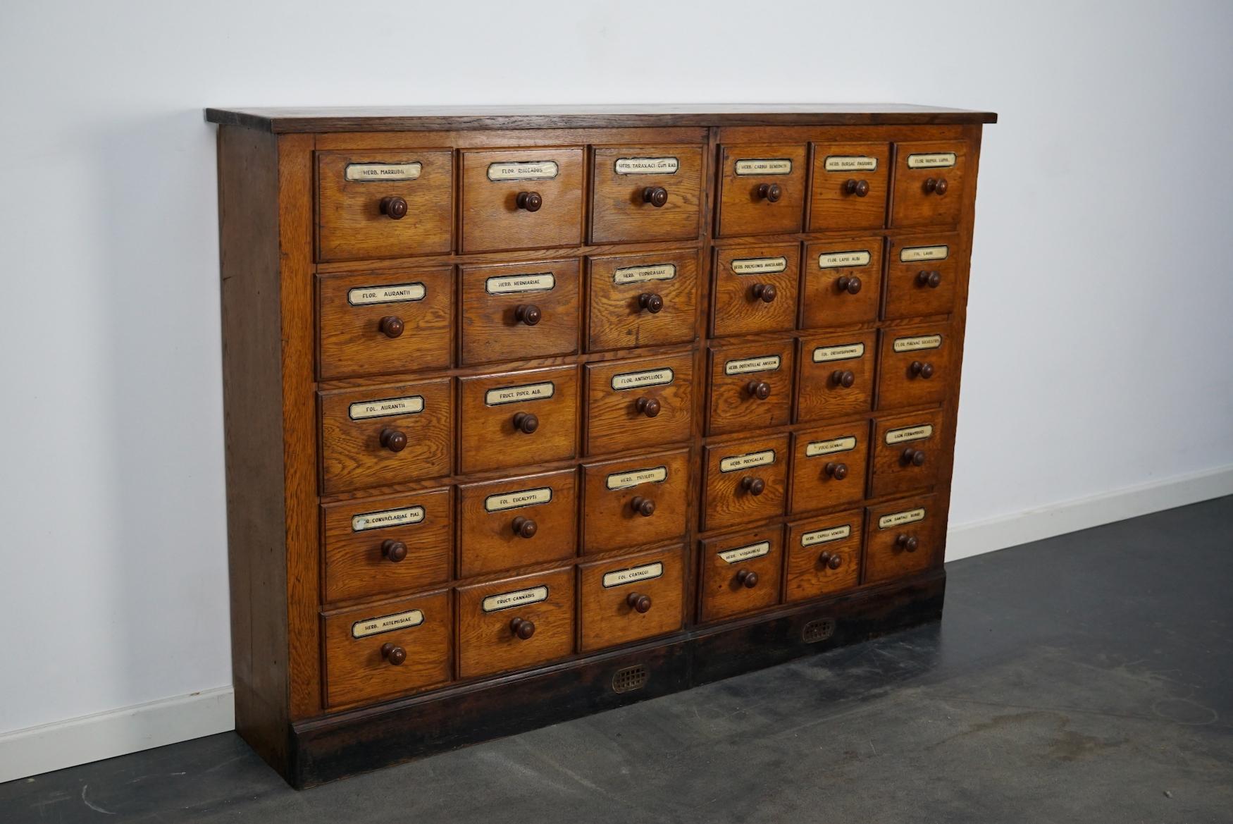 Industrial German Oak Apothecary Cabinet or Bank of Drawers, Early 20th Century