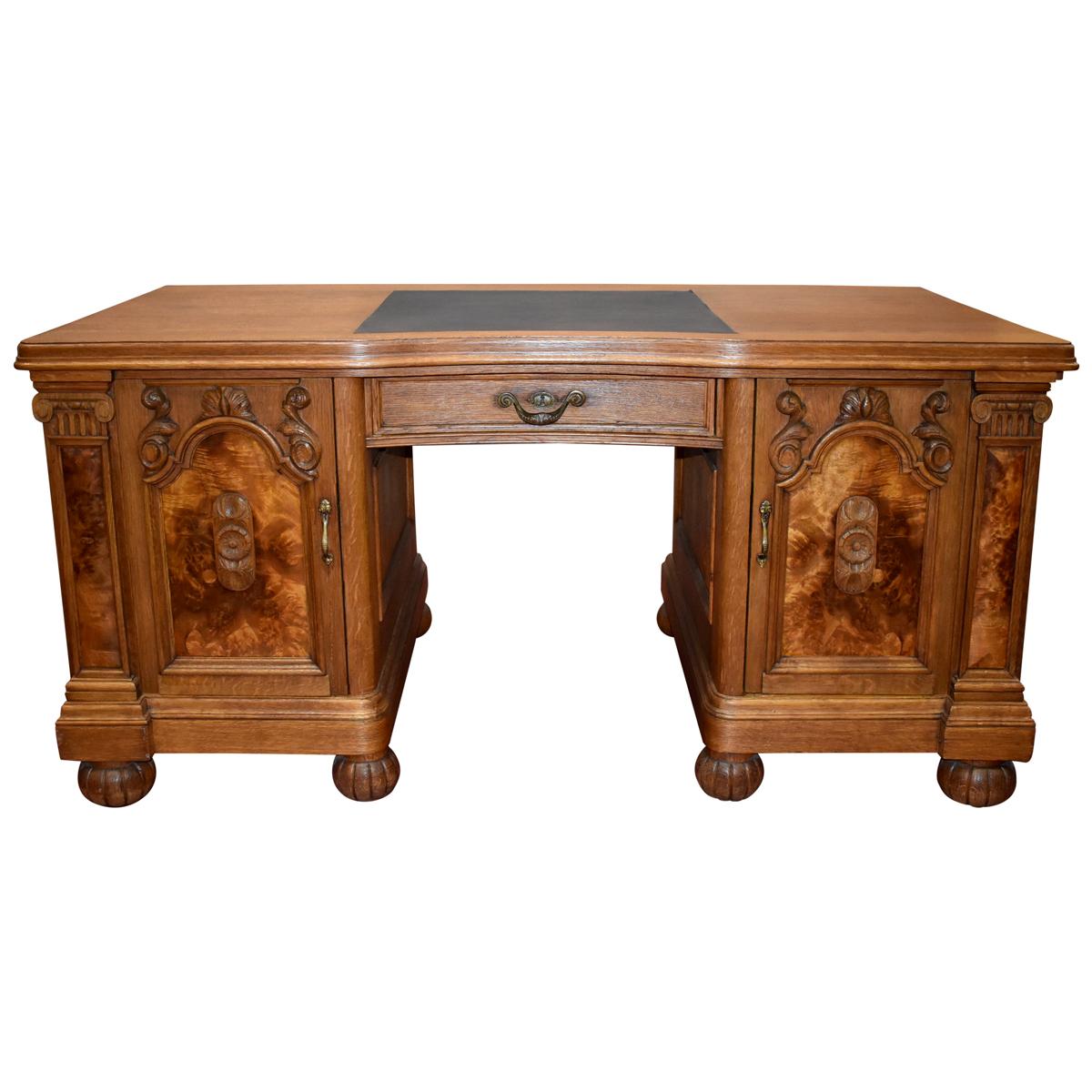 German Oak Desk with Burled Walnut Accents, circa 1930 For Sale
