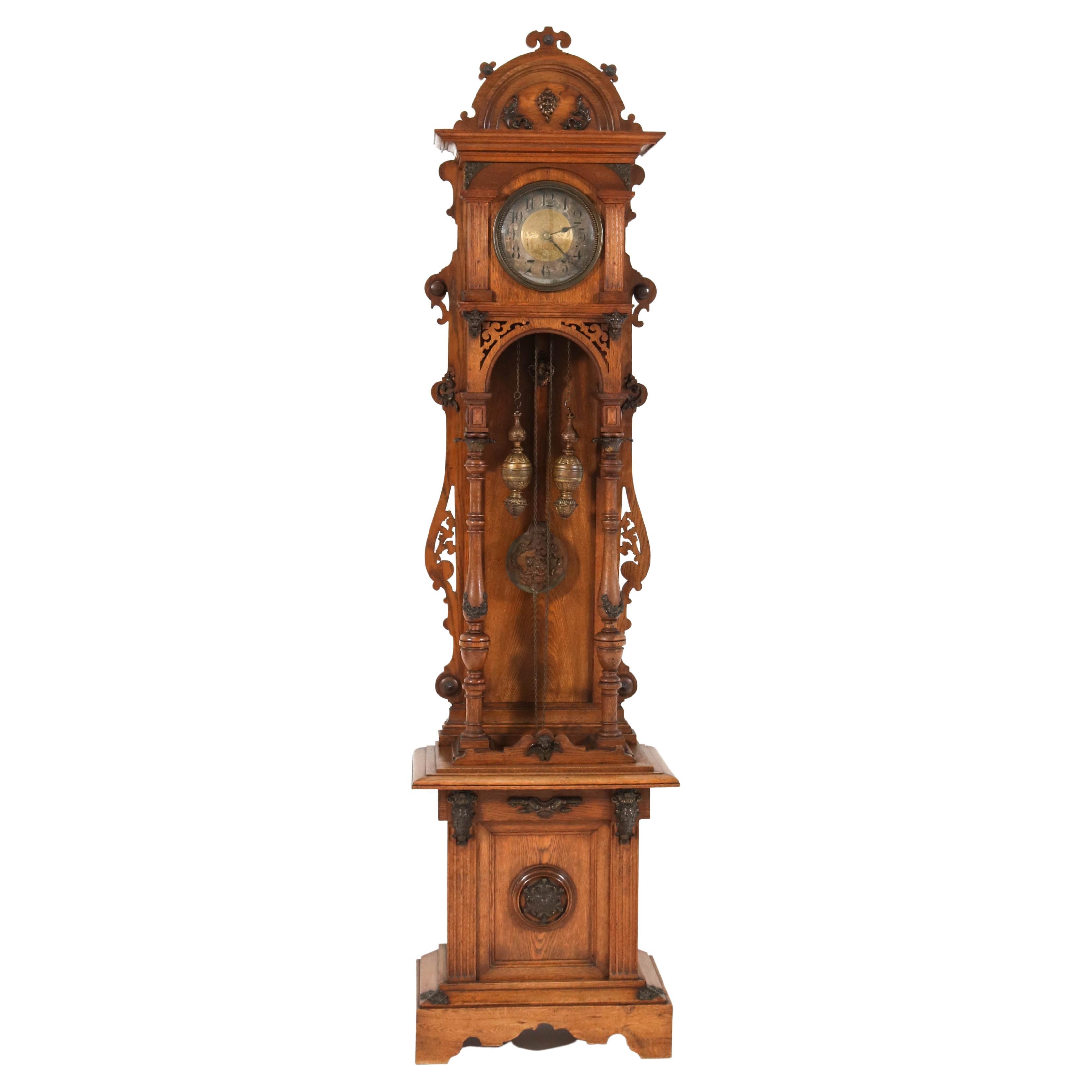 German Oak Gründerzeit Grandfather Clock, 1880s