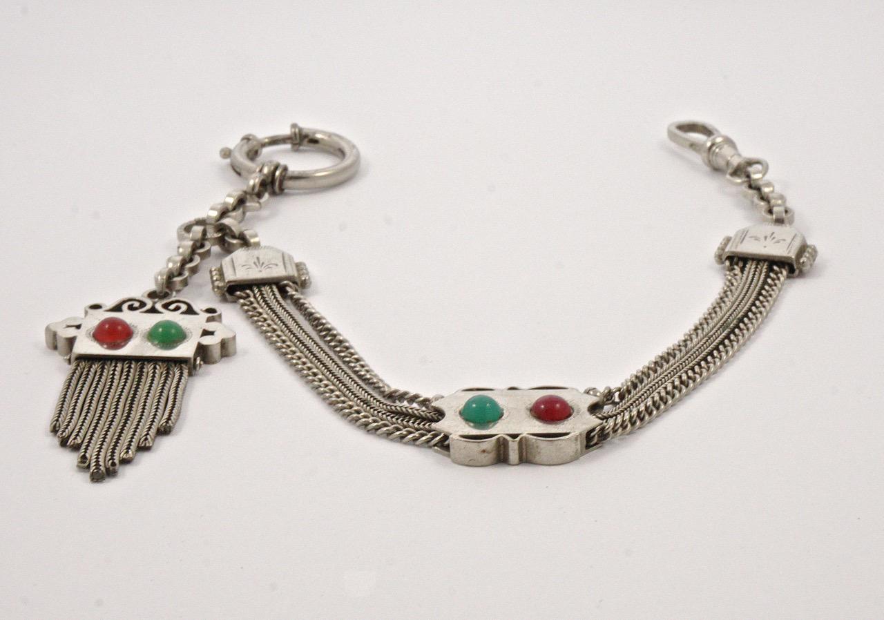 German Oberstein Antique Silver Tone Pocket Watch Chain Red and Green Stones In Good Condition In London, GB