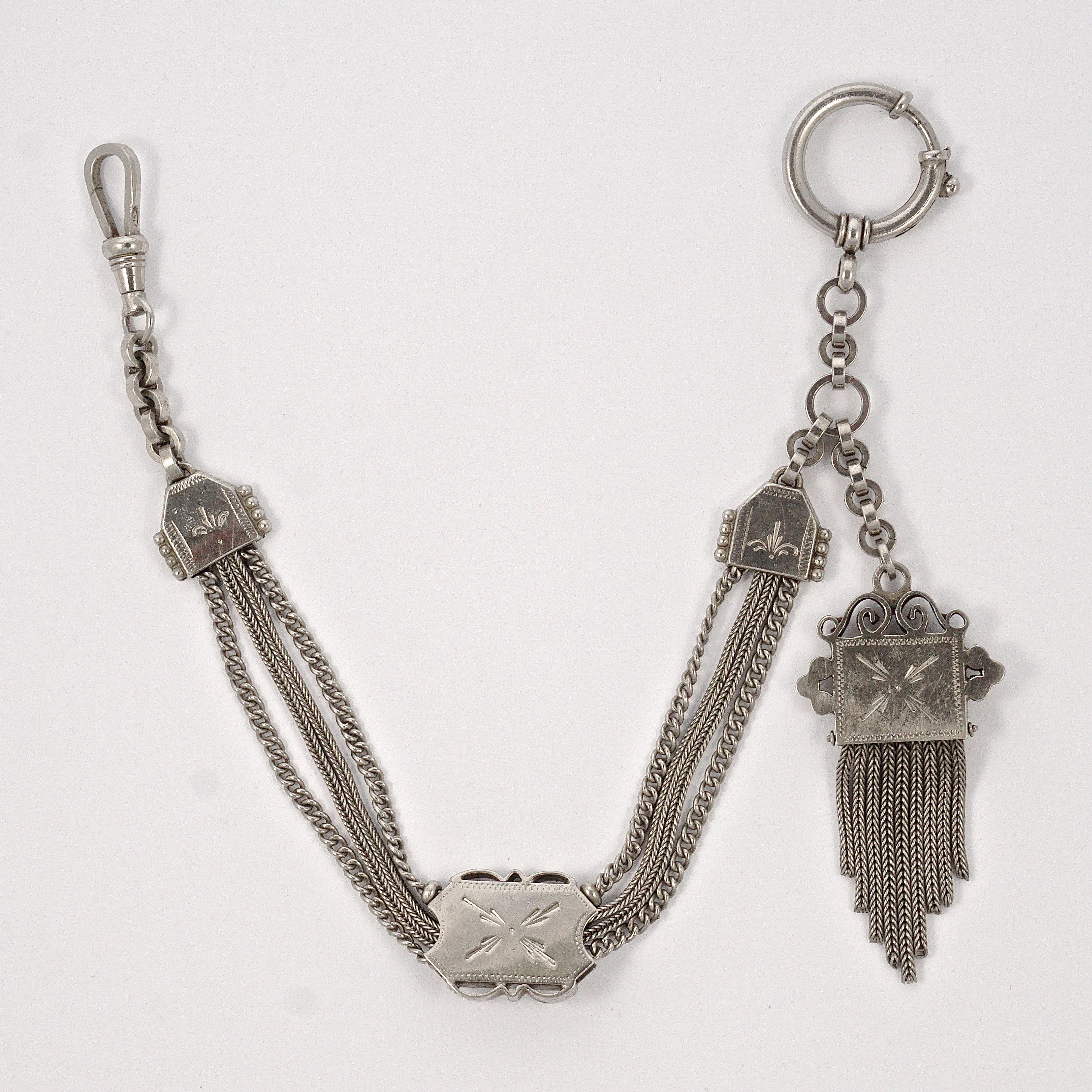 Women's or Men's German Oberstein Antique Silver Tone Pocket Watch Chain Red and Green Stones