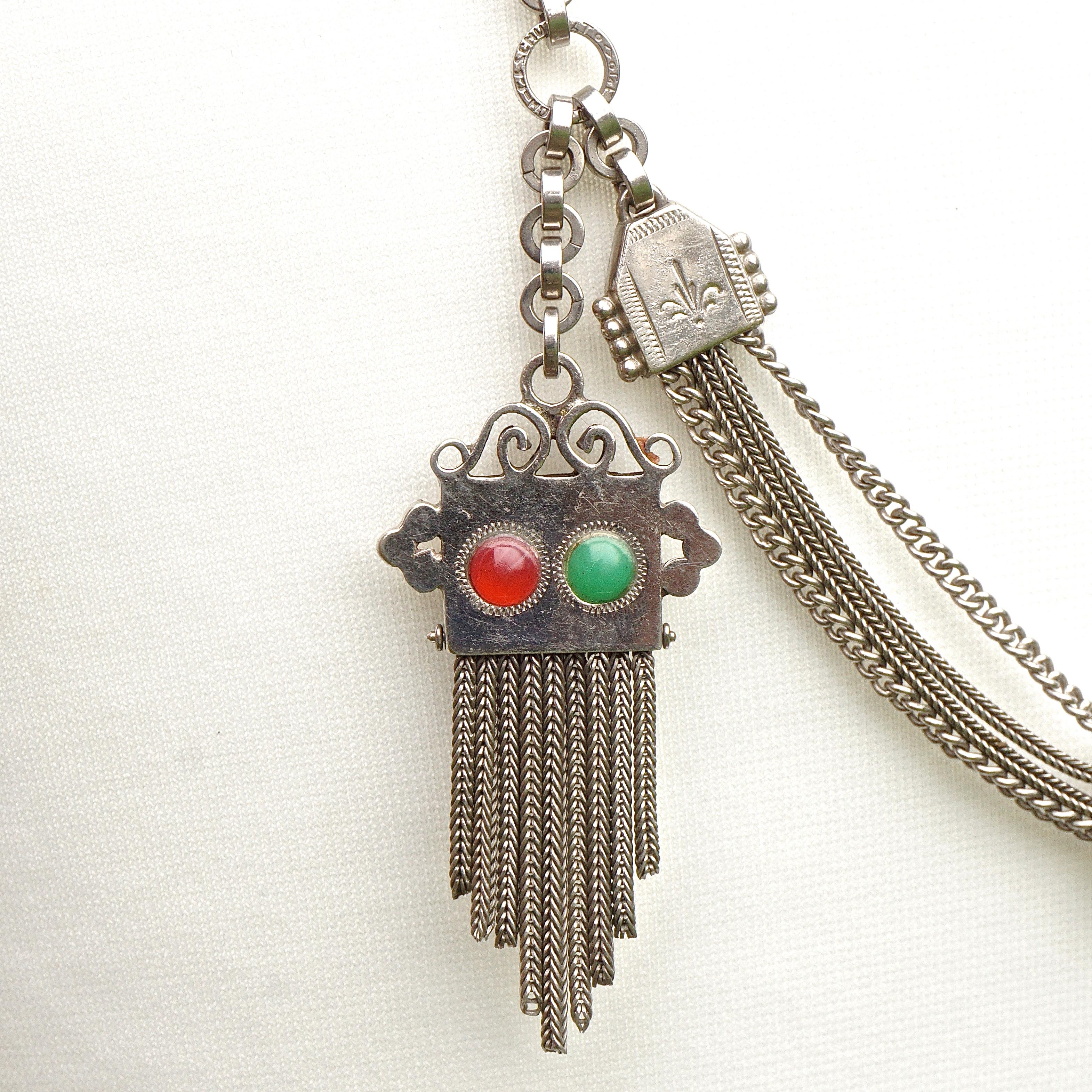 German Oberstein Antique Silver Tone Pocket Watch Chain Red and Green Stones 1